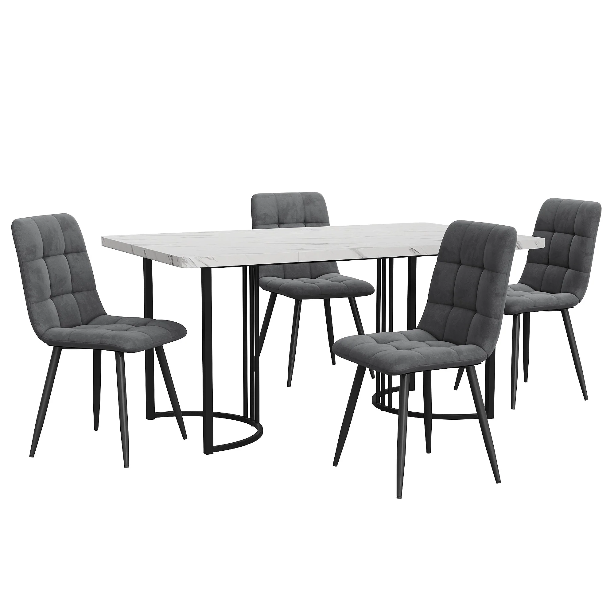 5-Piece Dining Set 140x80cm Modern Black Metal Legs White MDF Dark Grey Velvet Chairs - Image 4