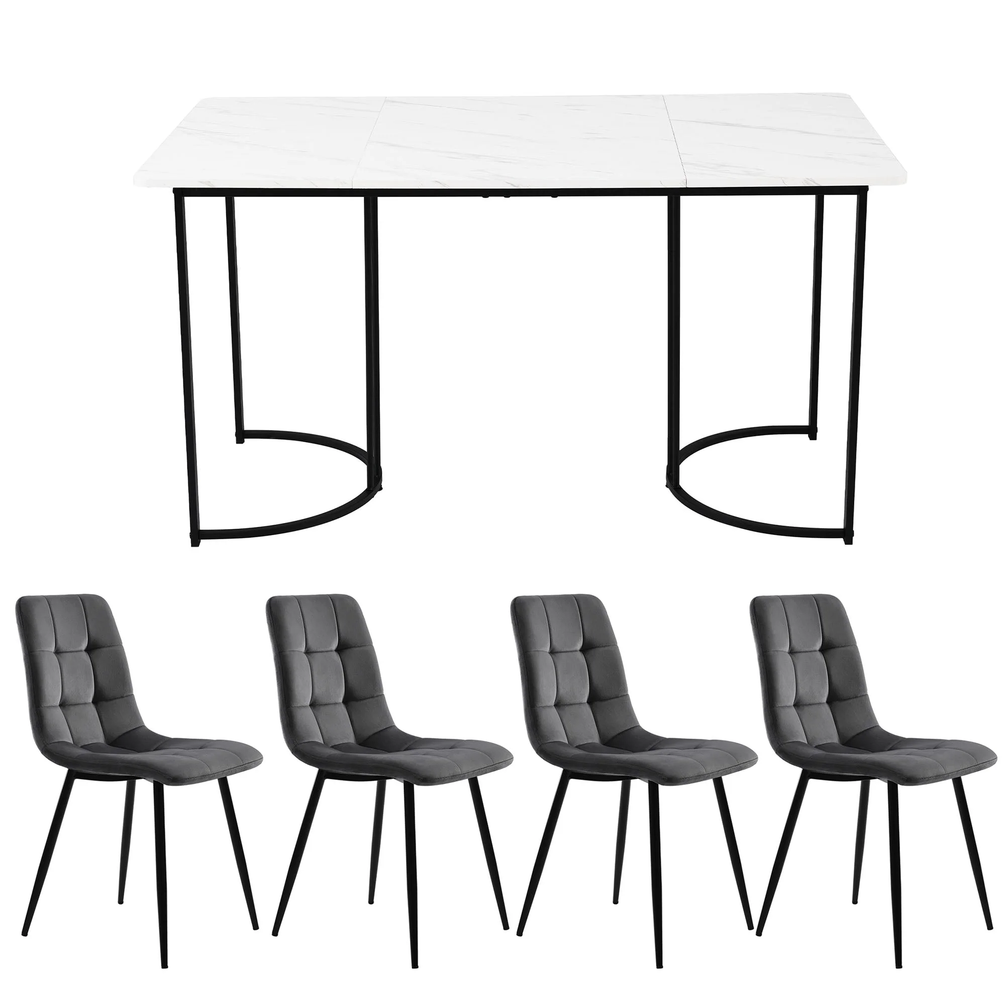 5-Piece Dining Set 140x80cm Modern Black Metal Legs White MDF Dark Grey Velvet Chairs - Image 5