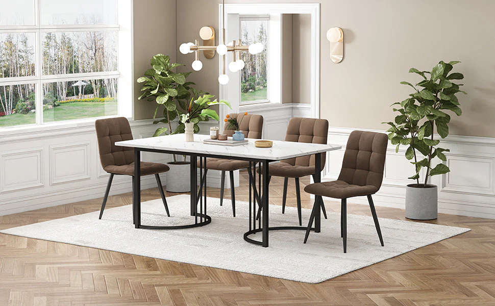 5-Piece Dining Set 140x80cm Modern Kitchen Table 4 Chairs White MDF/Brown Velvet - Image 2