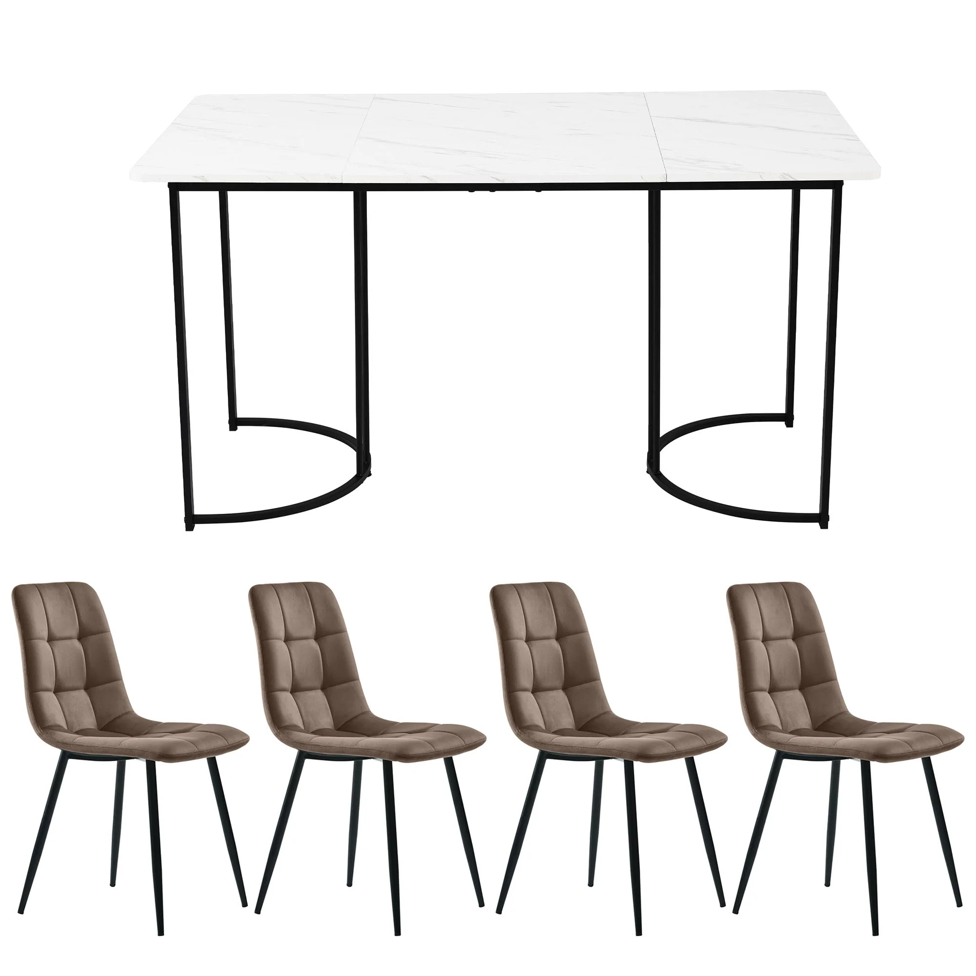 5-Piece Dining Set 140x80cm Modern Kitchen Table 4 Chairs White MDF/Brown Velvet - Image 5
