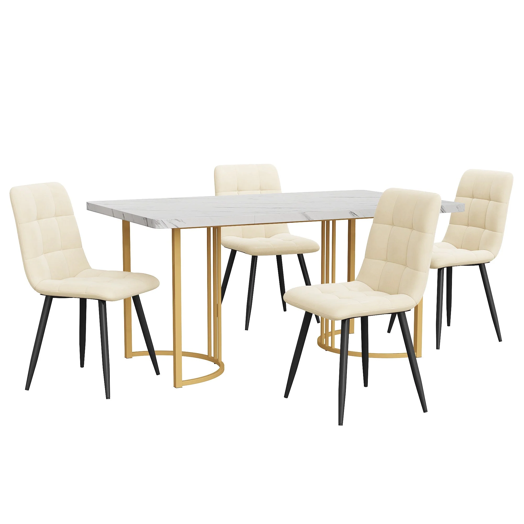 5-Piece Dining Set 140x80cm Modern Kitchen Table White MDF Beige Velvet - Image 4