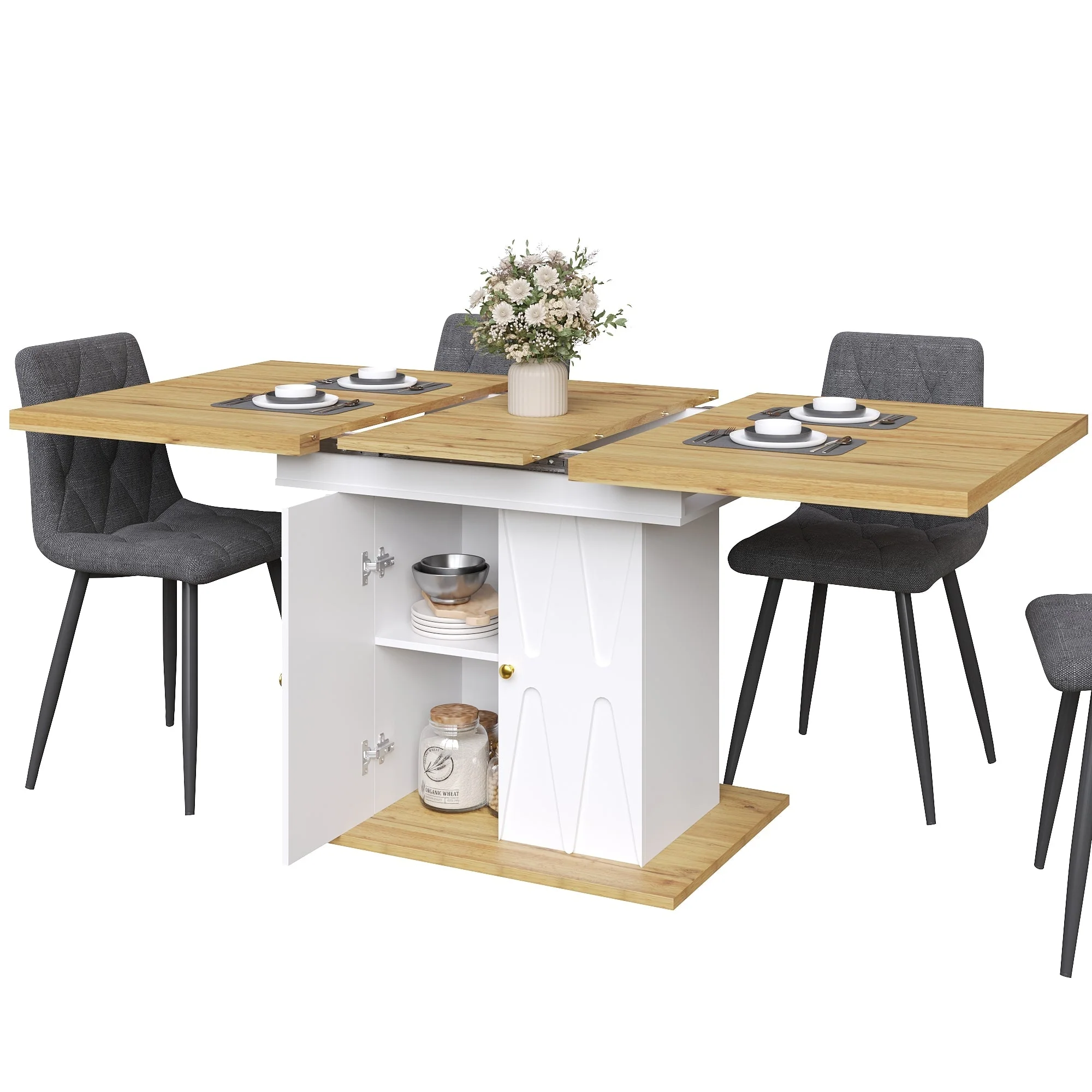 5-Piece Dining Set Extendable Table 110/140cm with 4 Chairs Cotton-Linen Grey - Image 13