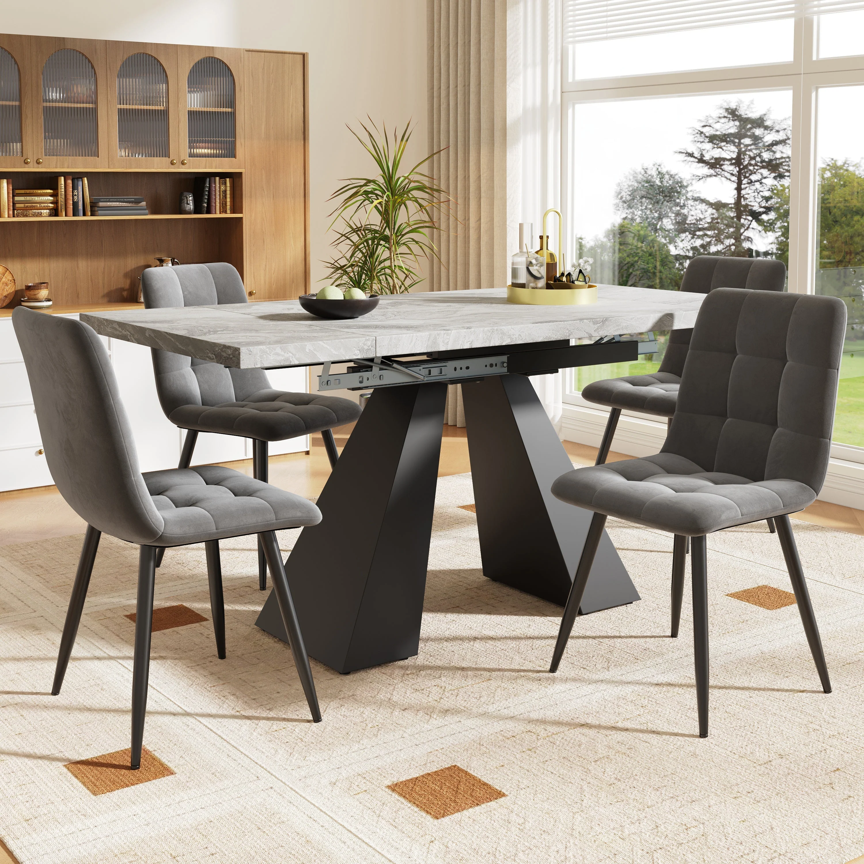 5-Piece Dining Set Extendable Table 4 Velvet Chairs - Grey/Black