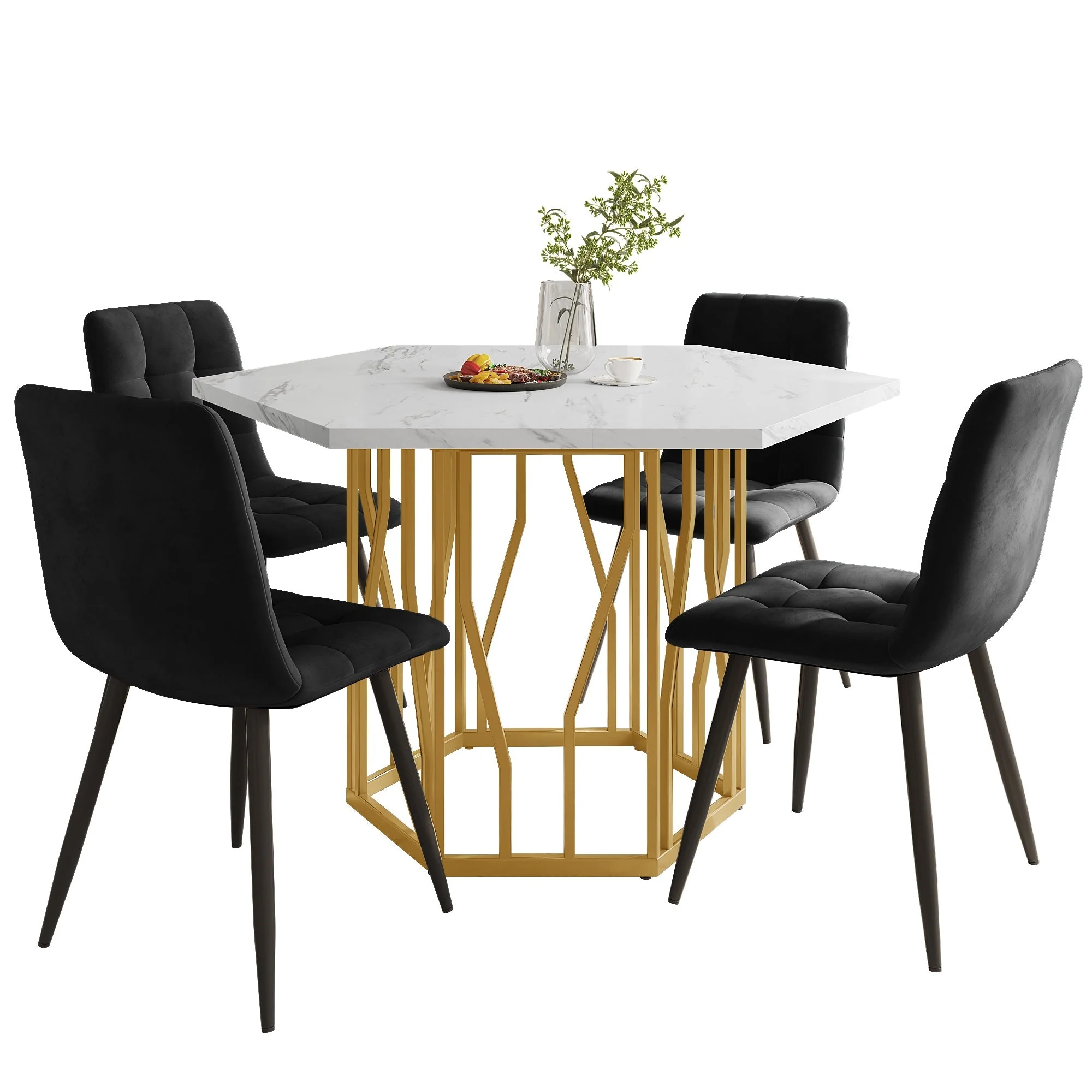 5-Piece Dining Set Hexagonal Marble Table 4 Velvet Chairs Gold Legs - Black - Image 2