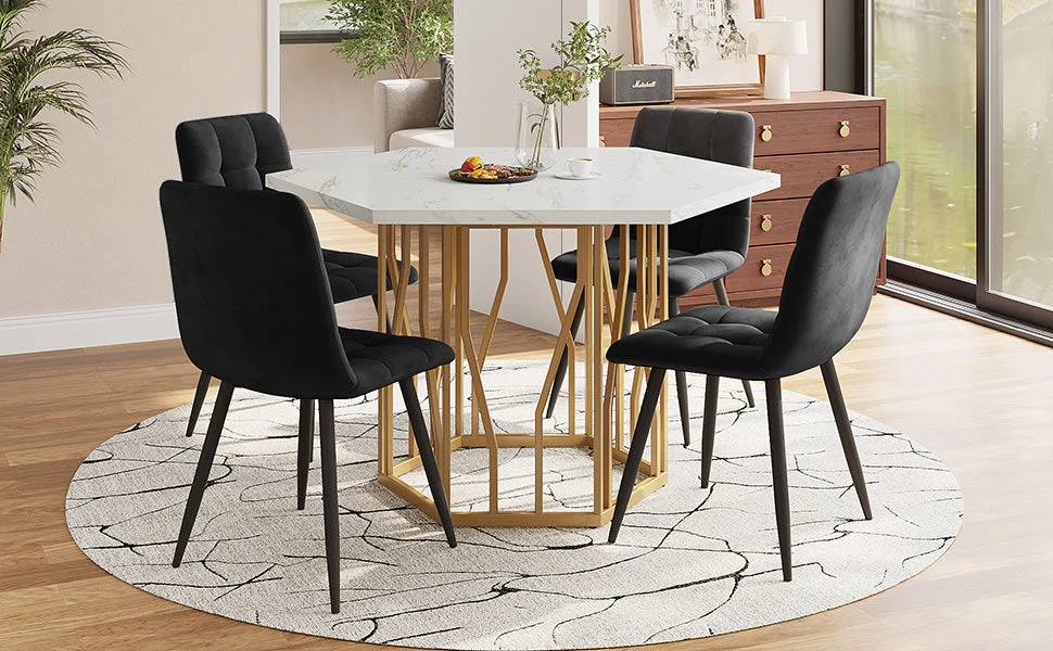 5-Piece Dining Set Hexagonal Marble Table 4 Velvet Chairs Gold Legs - Black - Image 4