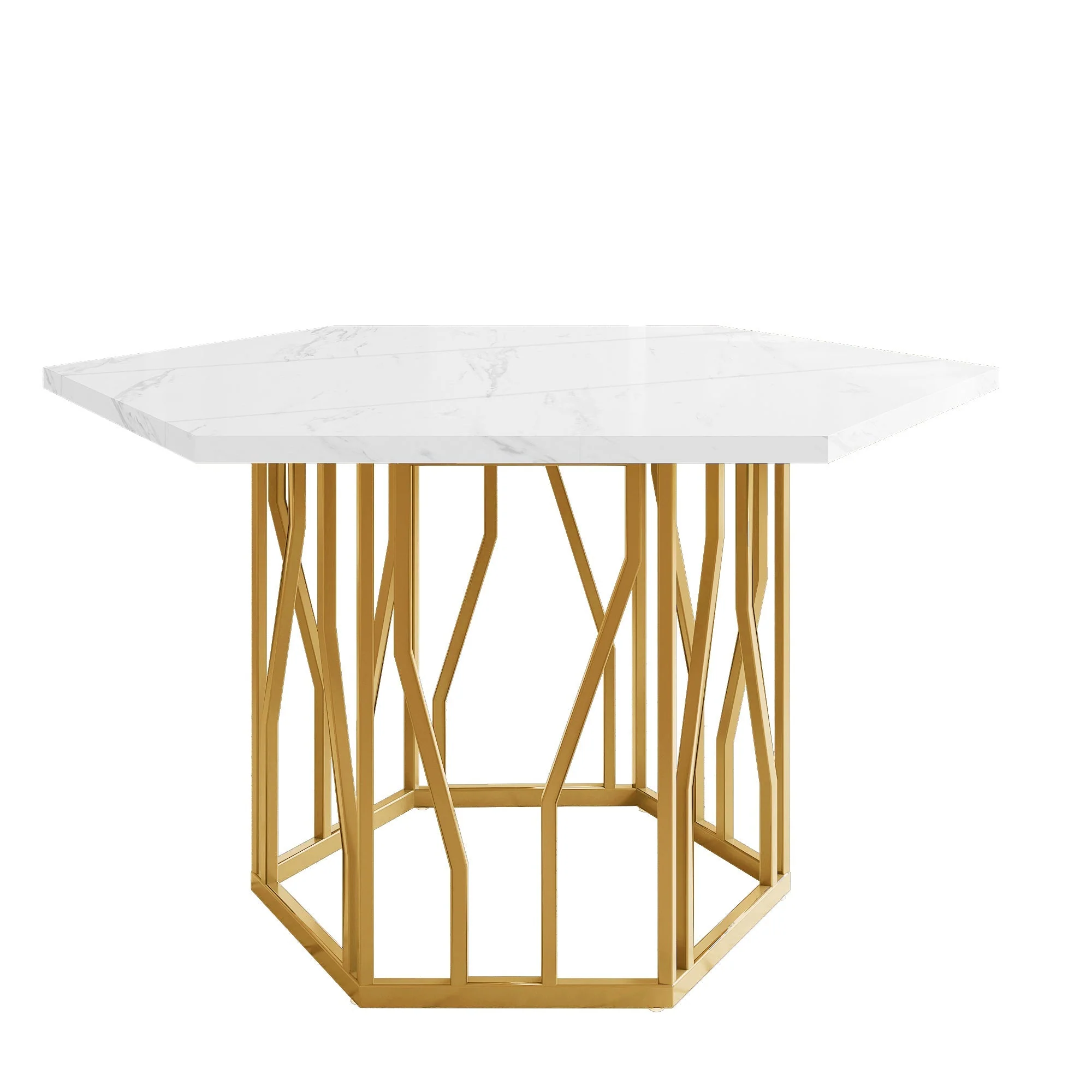 5-Piece Dining Set Hexagonal Marble Table 4 Velvet Chairs Gold Legs - Black - Image 6