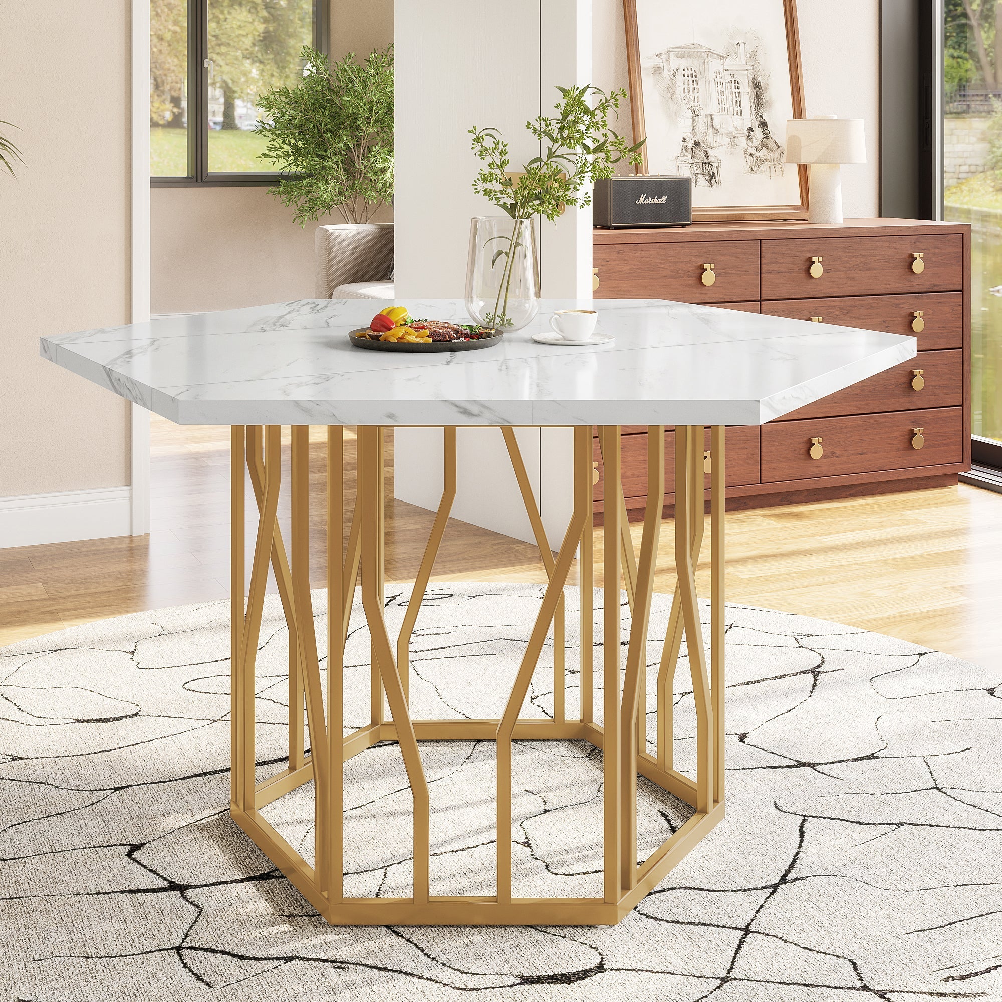 5-Piece Dining Set Hexagonal Marble Table 4 Velvet Chairs Gold Legs - Black - Image 7