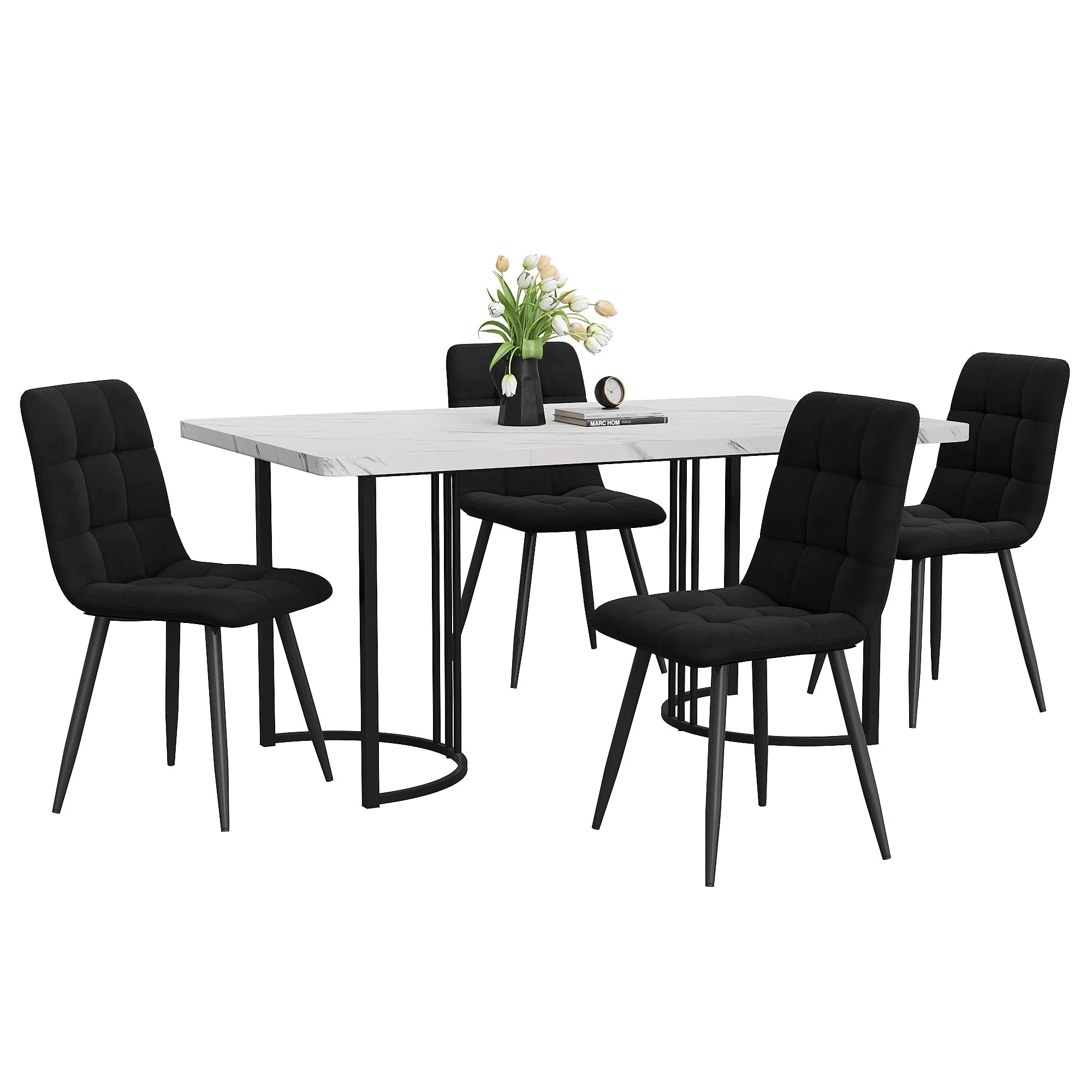 5-Piece Dining Set Modern 140x80cm Black Metal Legs White MDF/Black Velvet - Image 3