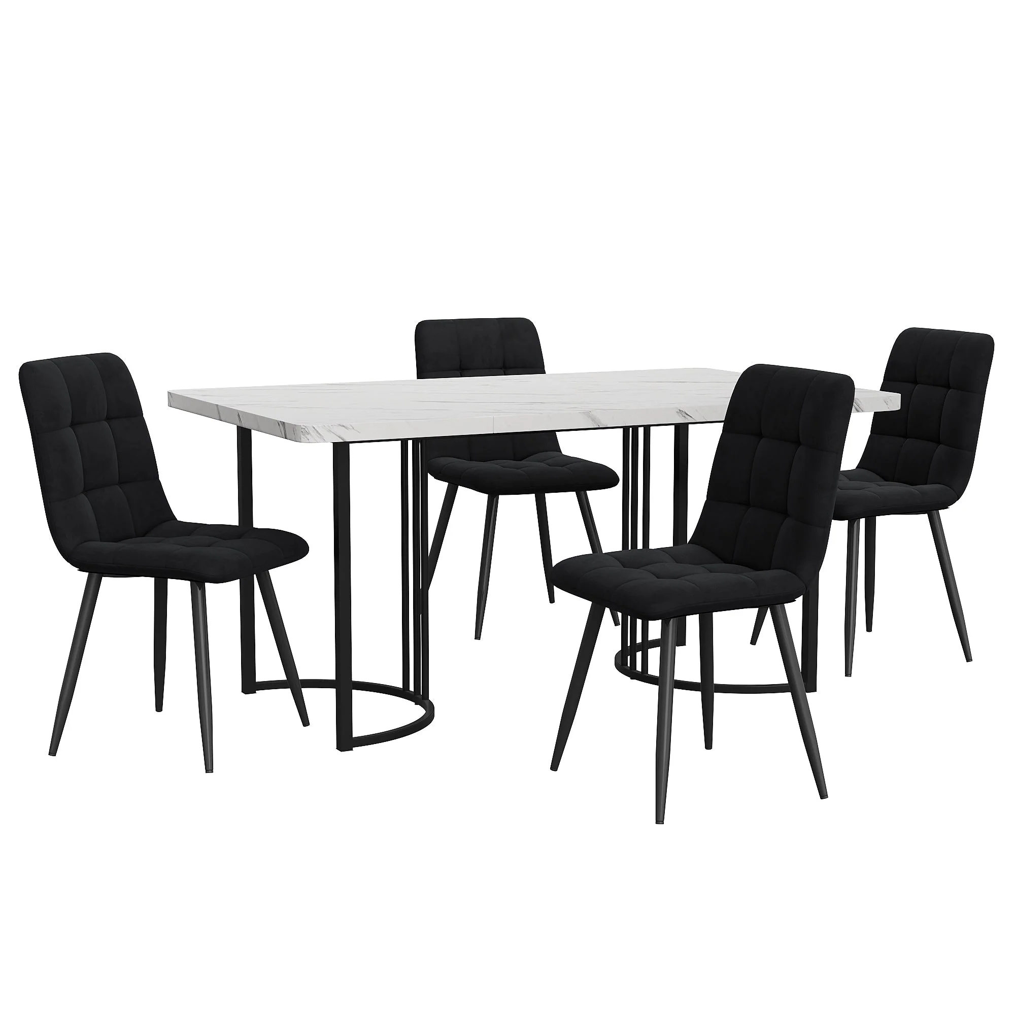 5-Piece Dining Set Modern 140x80cm Black Metal Legs White MDF/Black Velvet - Image 4
