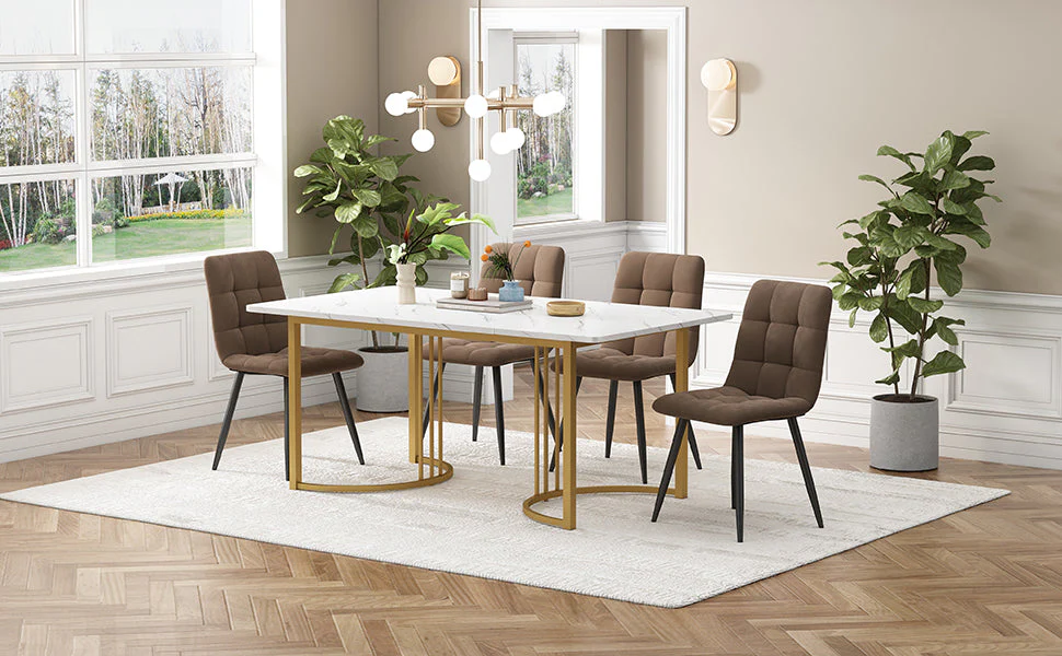5-Piece Dining Set Modern 140x80cm Table 4 Chairs Gold Legs White MDF Brown Velvet - Image 2