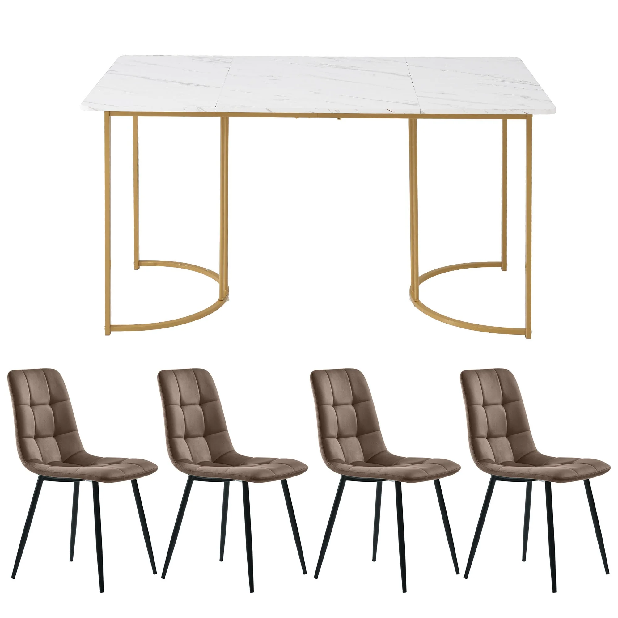 5-Piece Dining Set Modern 140x80cm Table 4 Chairs Gold Legs White MDF Brown Velvet - Image 5