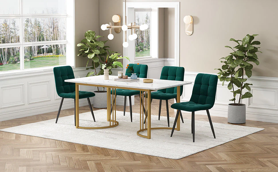 5-Piece Dining Set Modern 140x80cm Table 4 Chairs Gold Metal White MDF/Dark Green Velvet - Image 2