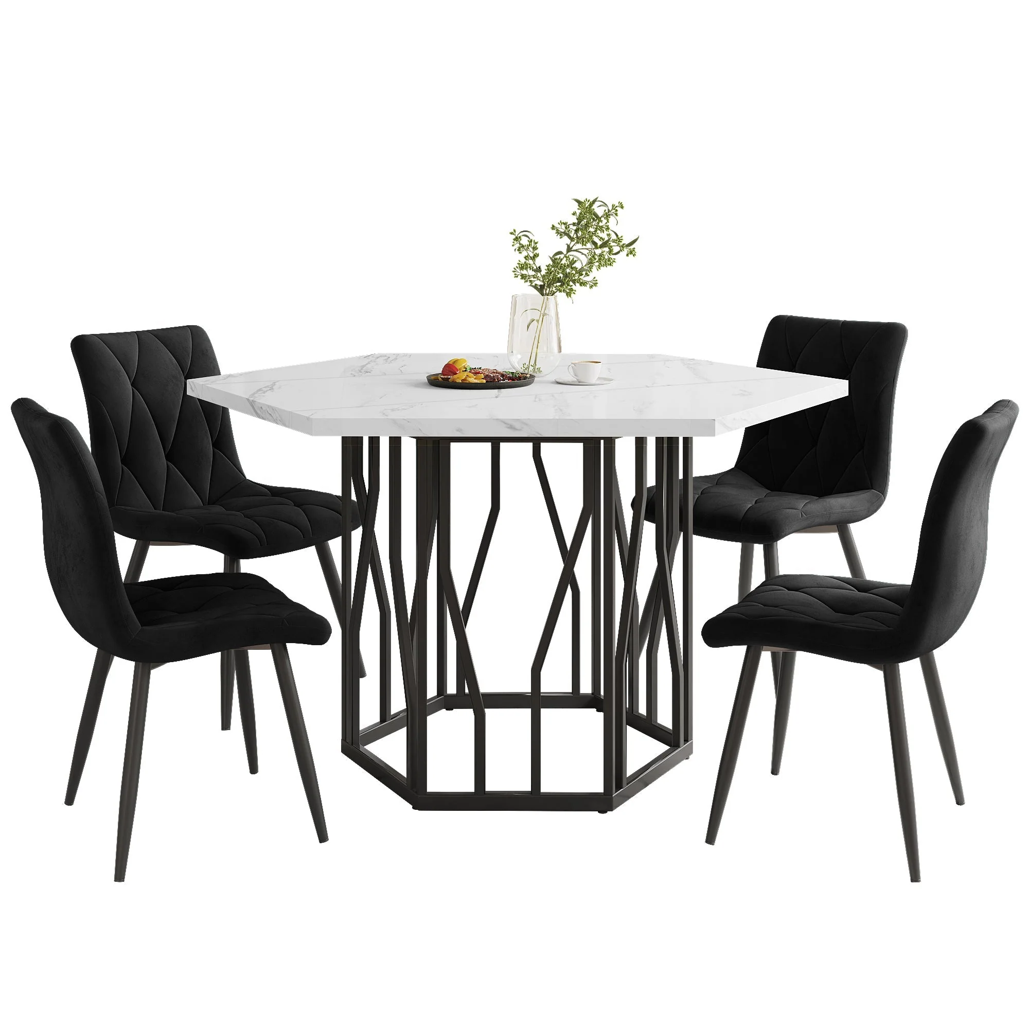 5-Piece Dining Set, Modern Hexagonal Marble Table with 4 Chairs, Black Velvet - Image 3