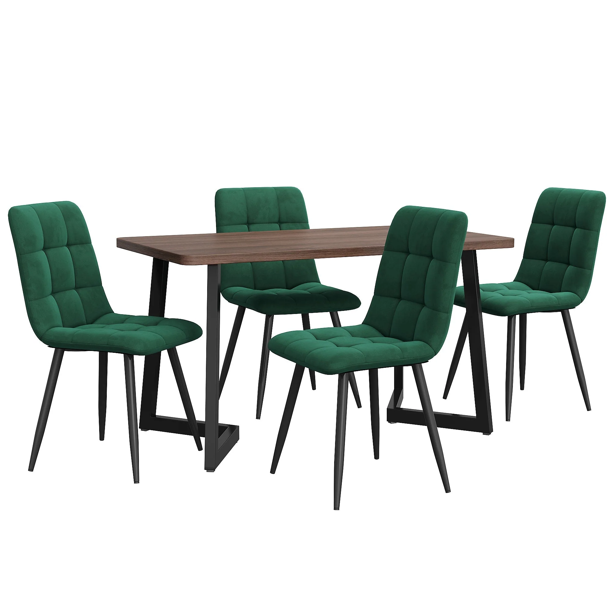 5-Piece Dining Set, Modern Kitchen Table & 4 Chairs, Walnut MDF & Dark Green Velvet - Image 4