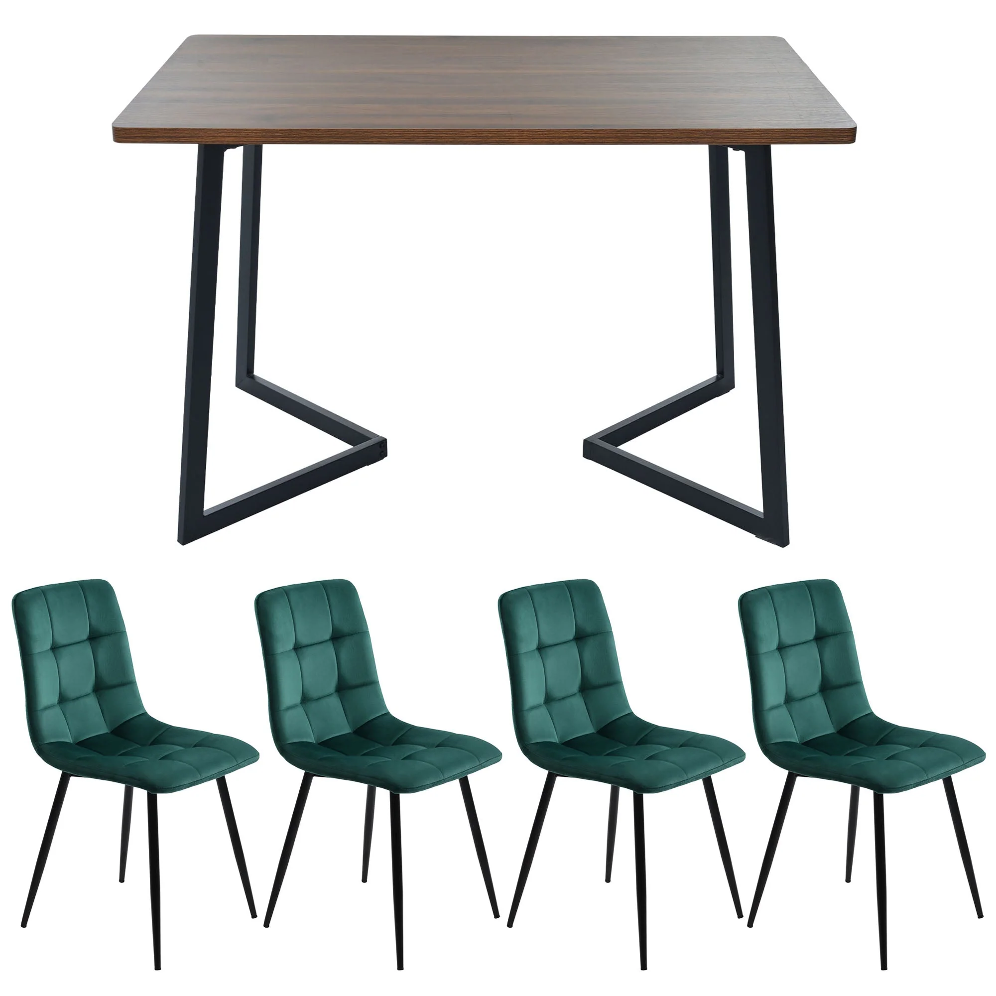 5-Piece Dining Set, Modern Kitchen Table & 4 Chairs, Walnut MDF & Dark Green Velvet - Image 5