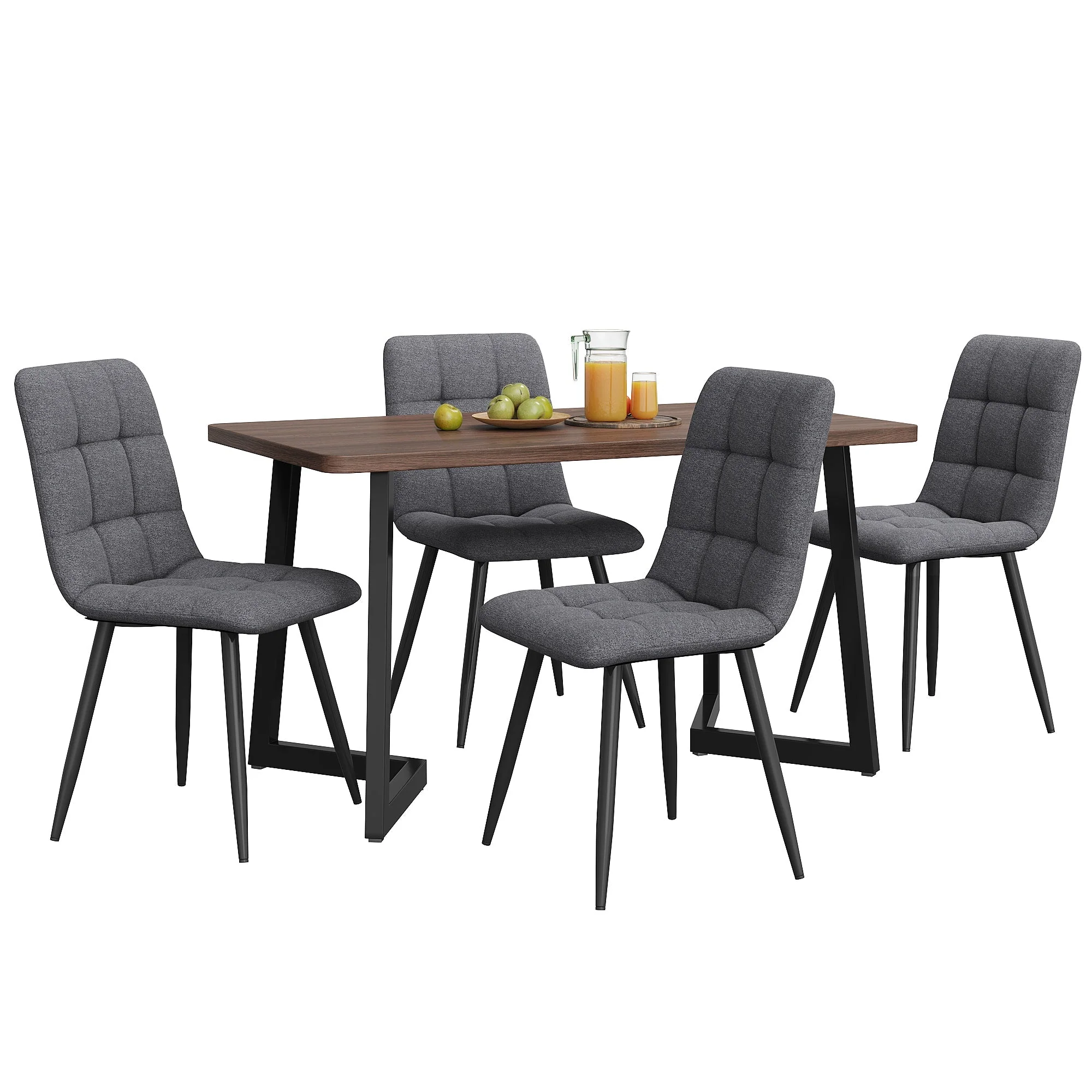 5-Piece Dining Set Modern Kitchen Table Wood Grain MDF, 4 Dark Gray Linen Chairs, Walnut/Black Metal - Image 3