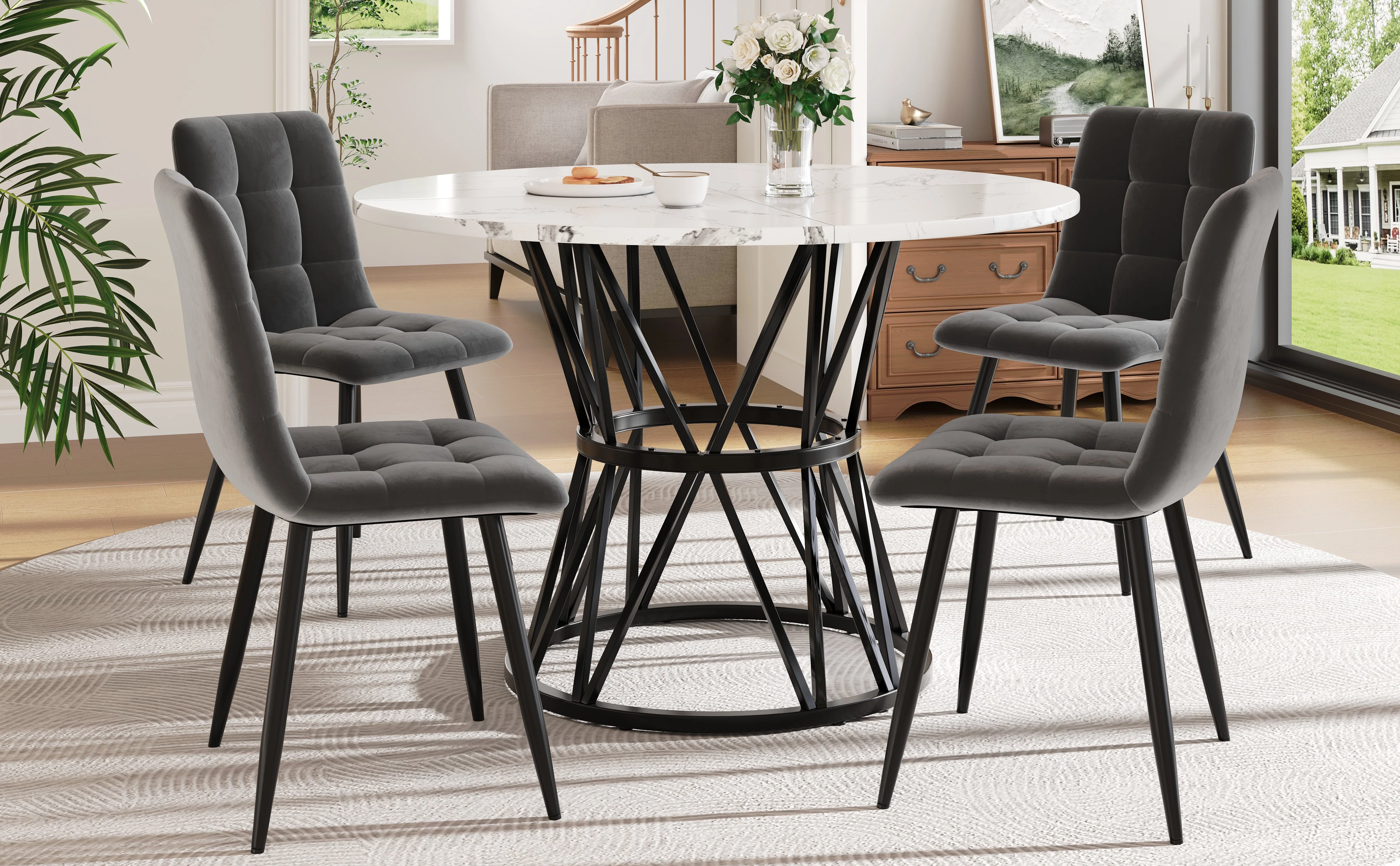 5-Piece Dining Set Modern Round 100cm Marble Top, Grey Velvet & Black Metal - Image 2