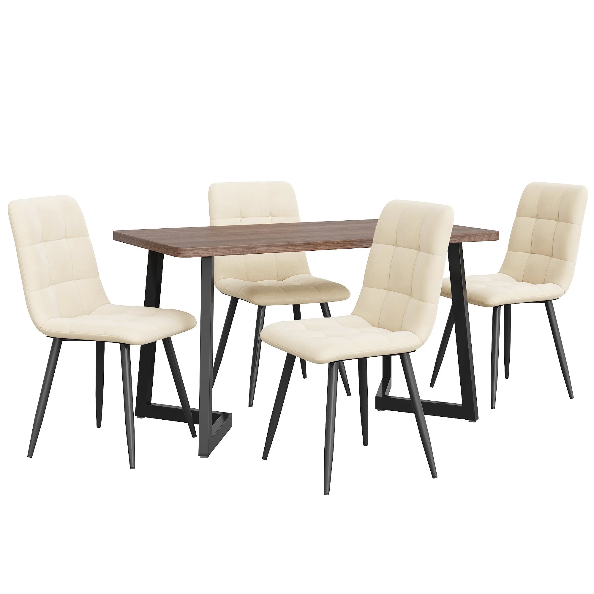 5-Piece Dining Set Modern Wood Grain Table 4 Chairs Black Metal Walnut/Beige Velvet - Image 4