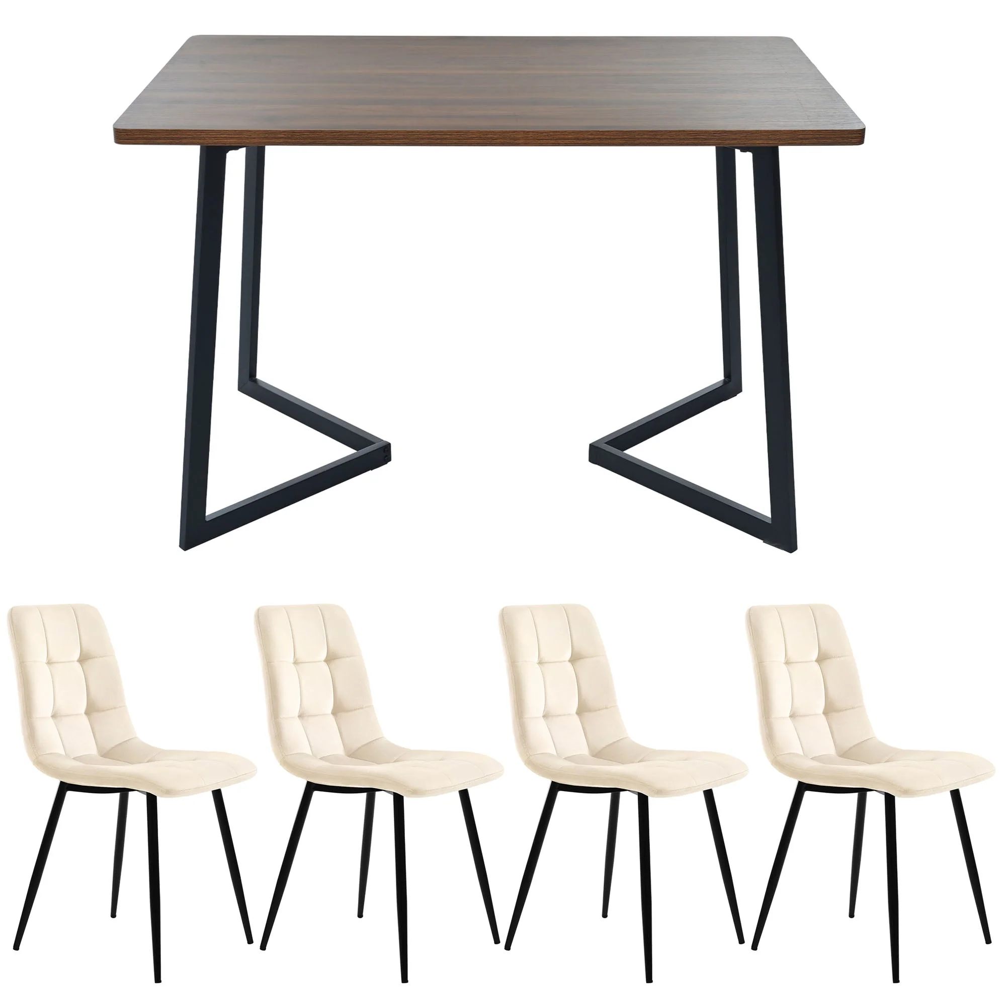 5-Piece Dining Set Modern Wood Grain Table 4 Chairs Black Metal Walnut/Beige Velvet - Image 5