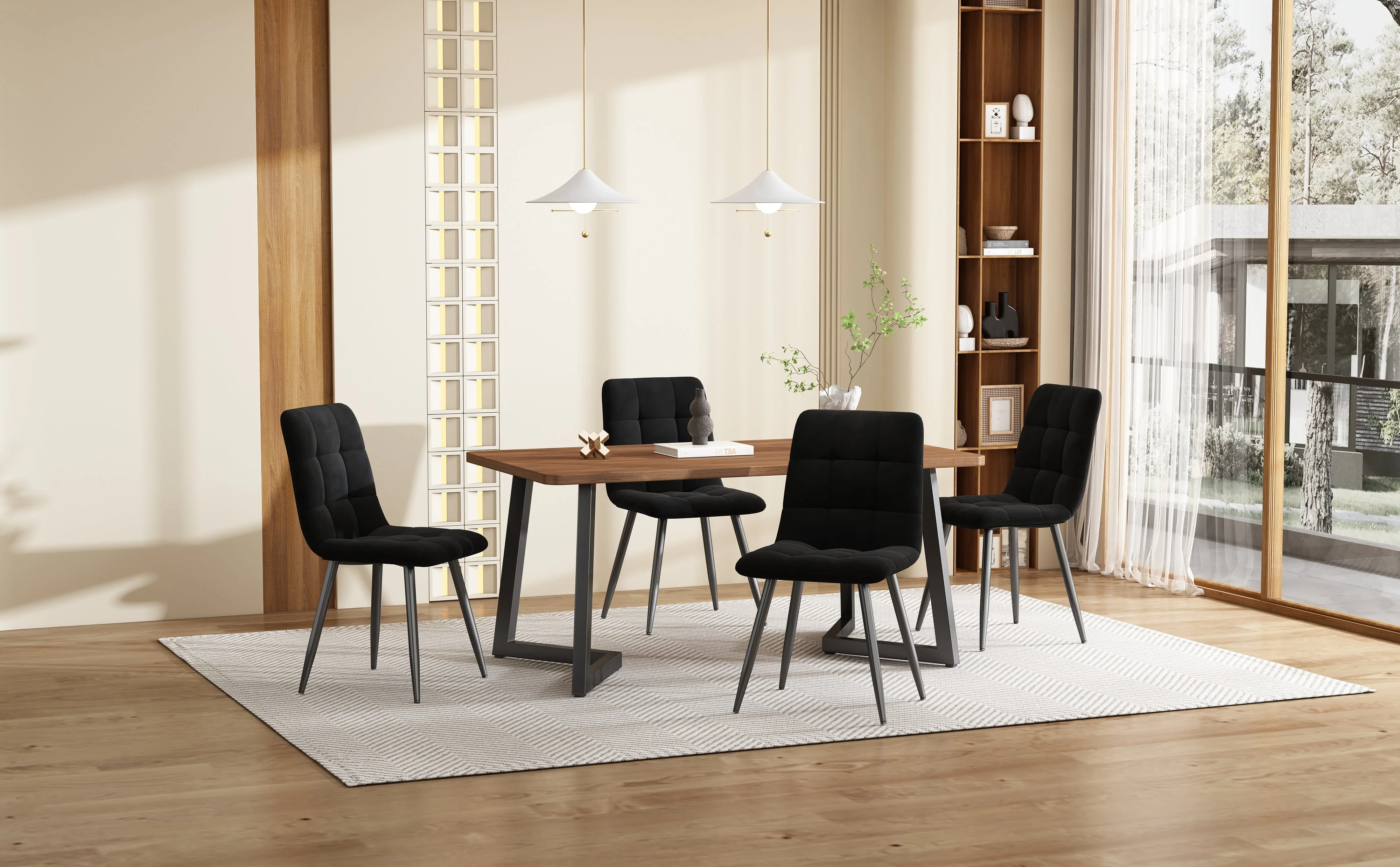 5-Piece Dining Set Modern Wood Grain Table Black Metal Legs Black Velvet - Image 2