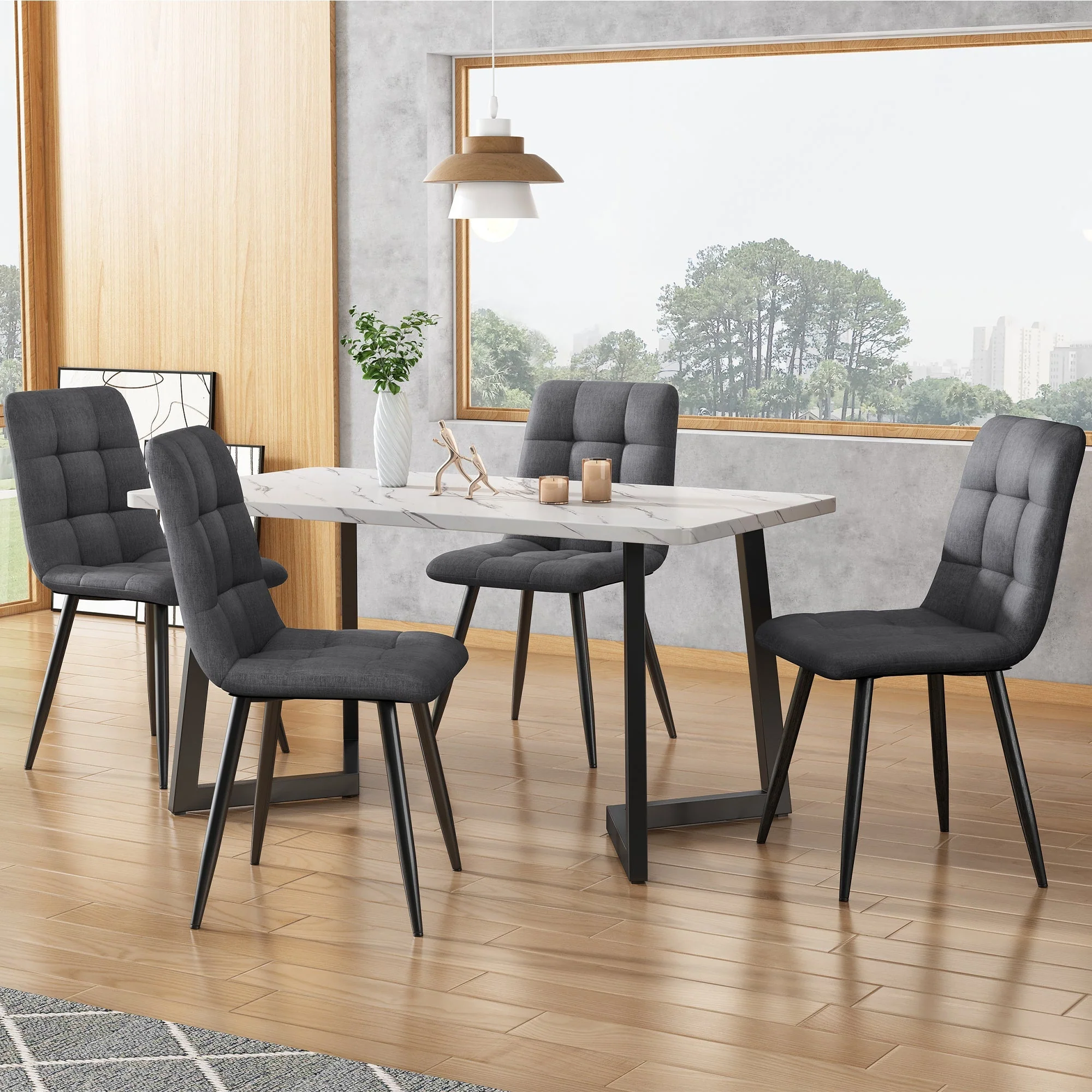 5-Piece Dining Set Rectangular Table 117cm with 4 Modern Chairs Dark Grey Linen Black - Image 5