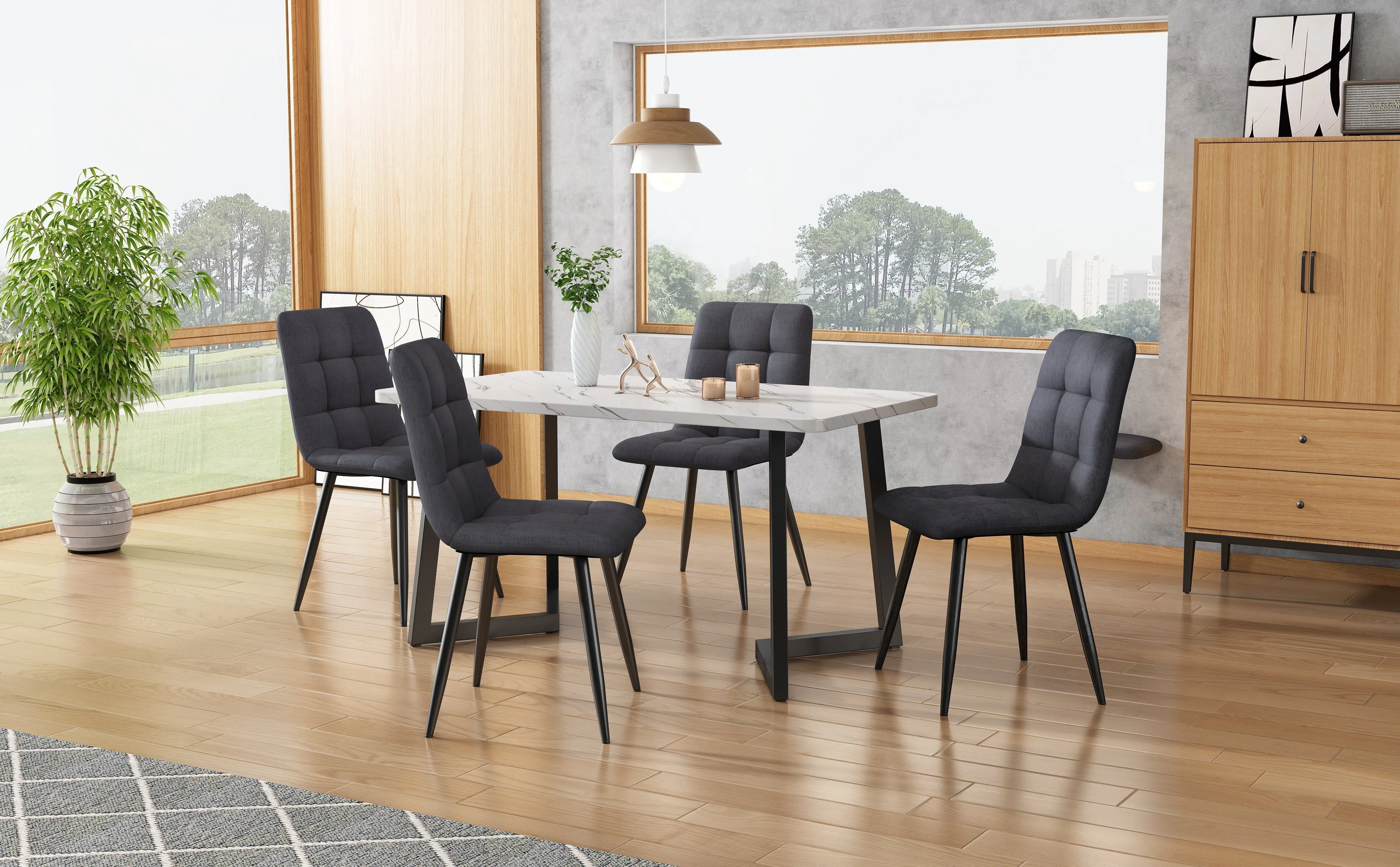5-Piece Dining Set Rectangular Table 117cm with 4 Modern Chairs Dark Grey Linen Black - Image 6