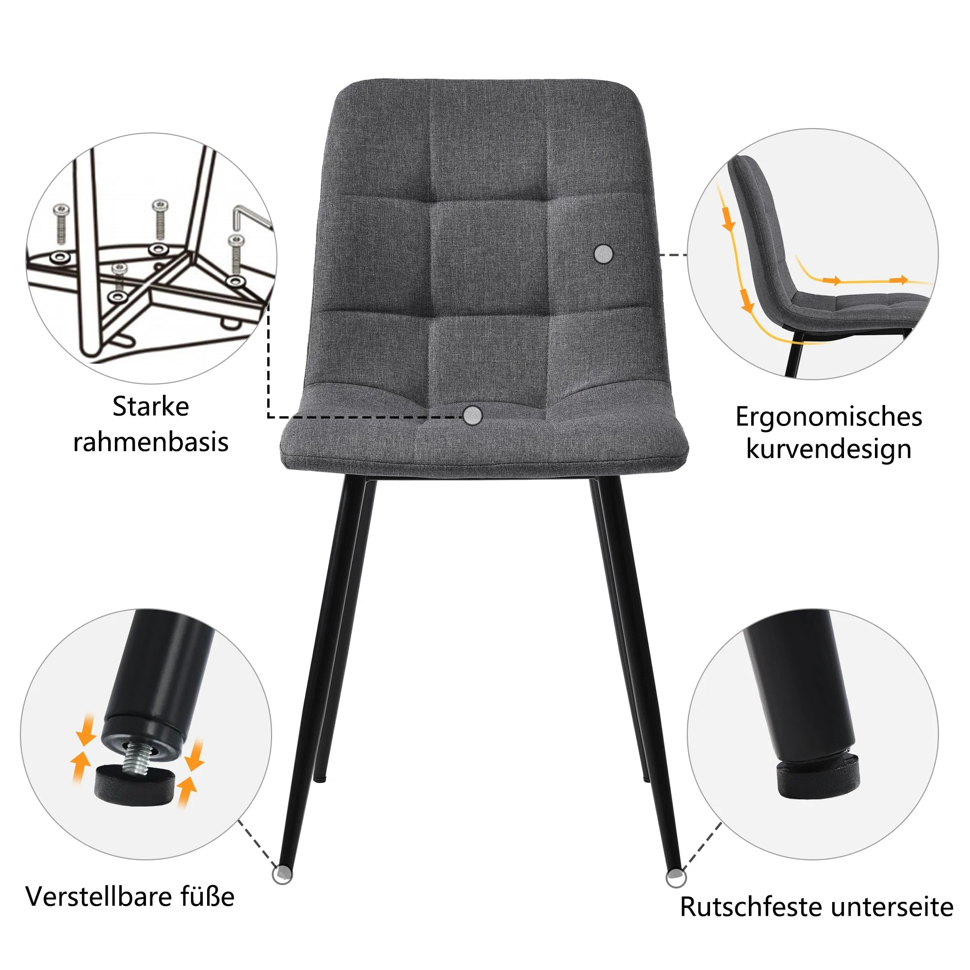 5-Piece Dining Set Rectangular Table 117cm with 4 Modern Chairs Dark Grey Linen Black - Image 8