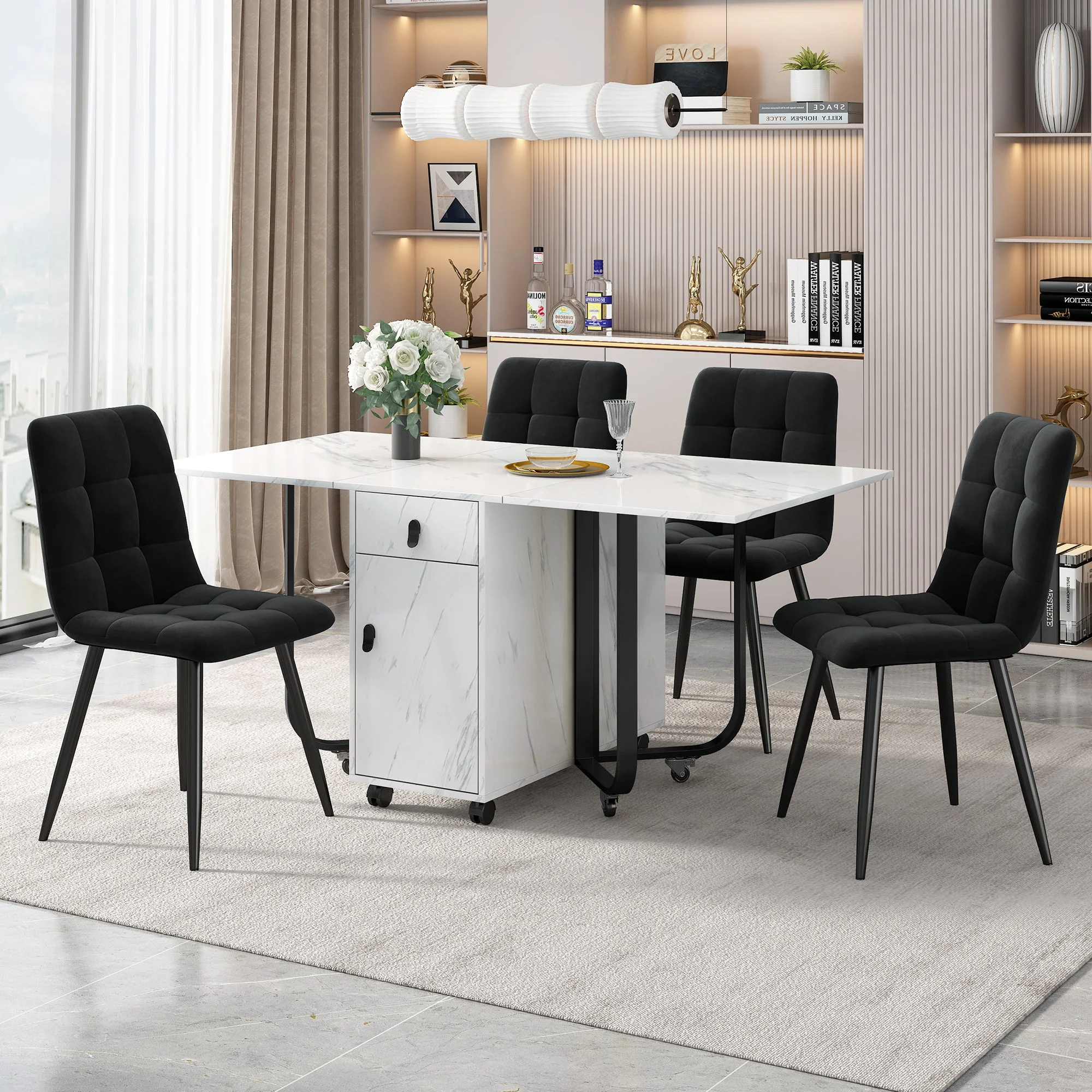 5-Piece Folding Dining Set 150x80cm Velvet Chairs White MDF/Black