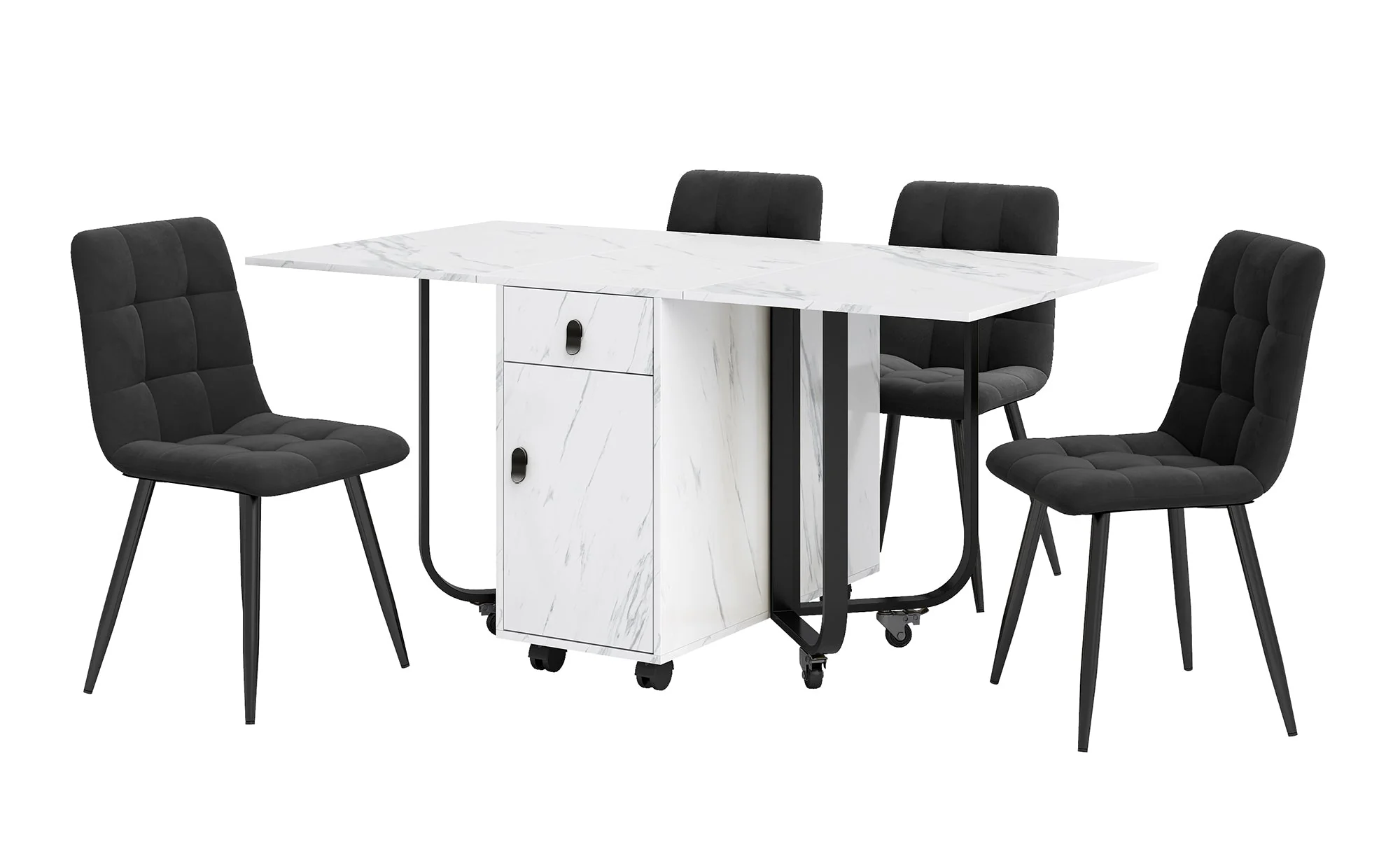 5-Piece Folding Dining Set 150x80cm Velvet Chairs White MDF/Black - Image 3