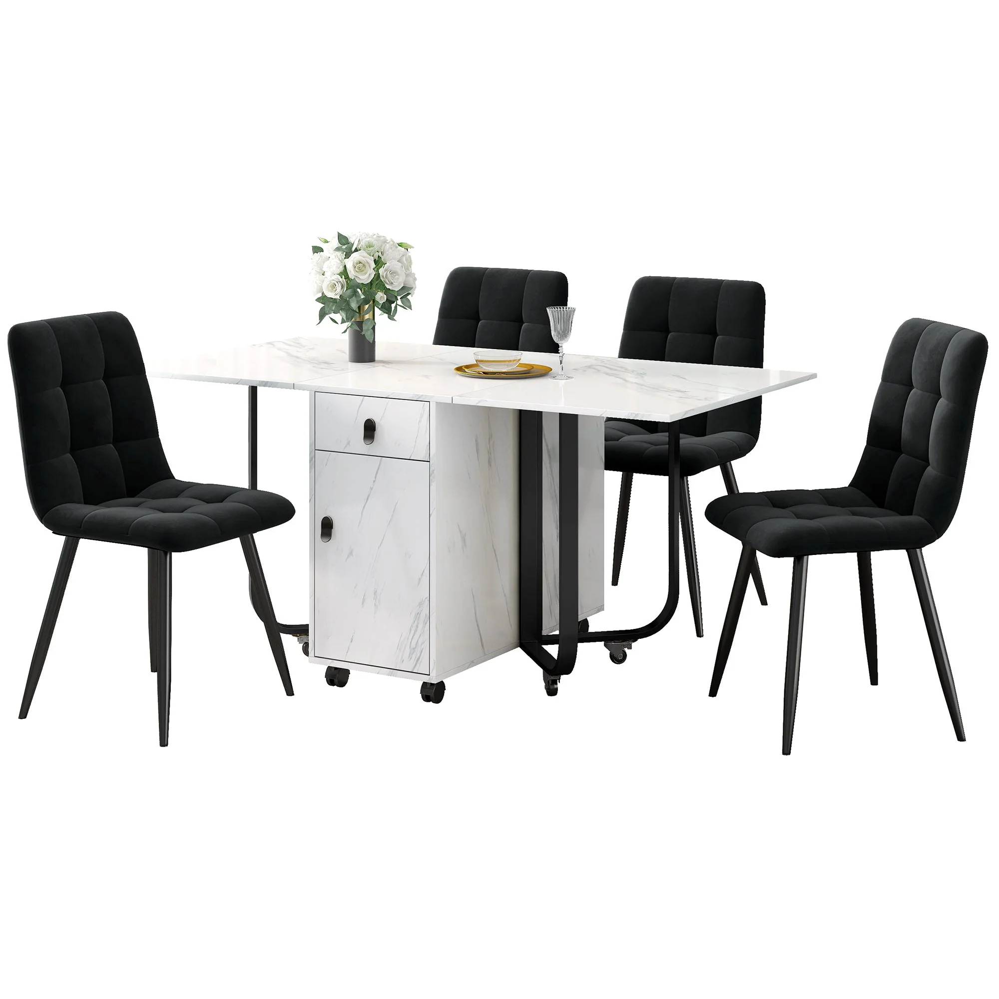 5-Piece Folding Dining Set 150x80cm Velvet Chairs White MDF/Black - Image 4