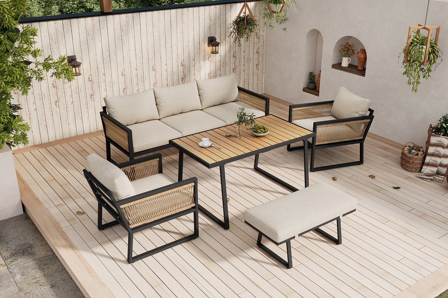 5-Piece Garden Dining Set with 3-Seater Sofa, 2 Armchairs, Stool and Table, Woven Rope and Steel, Beige - Image 9