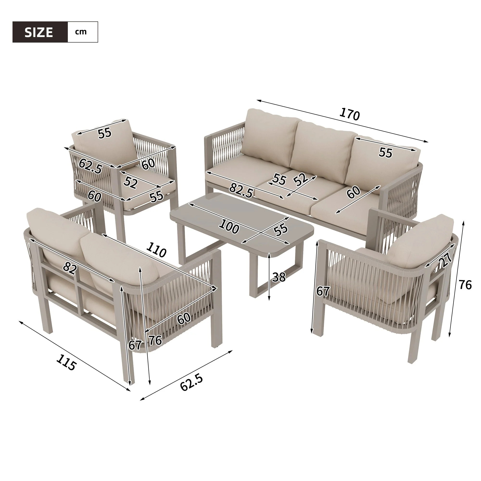 5-Piece Garden Furniture Set with Glass Tabletop and Teslin Rope Weave, Khaki - Image 4