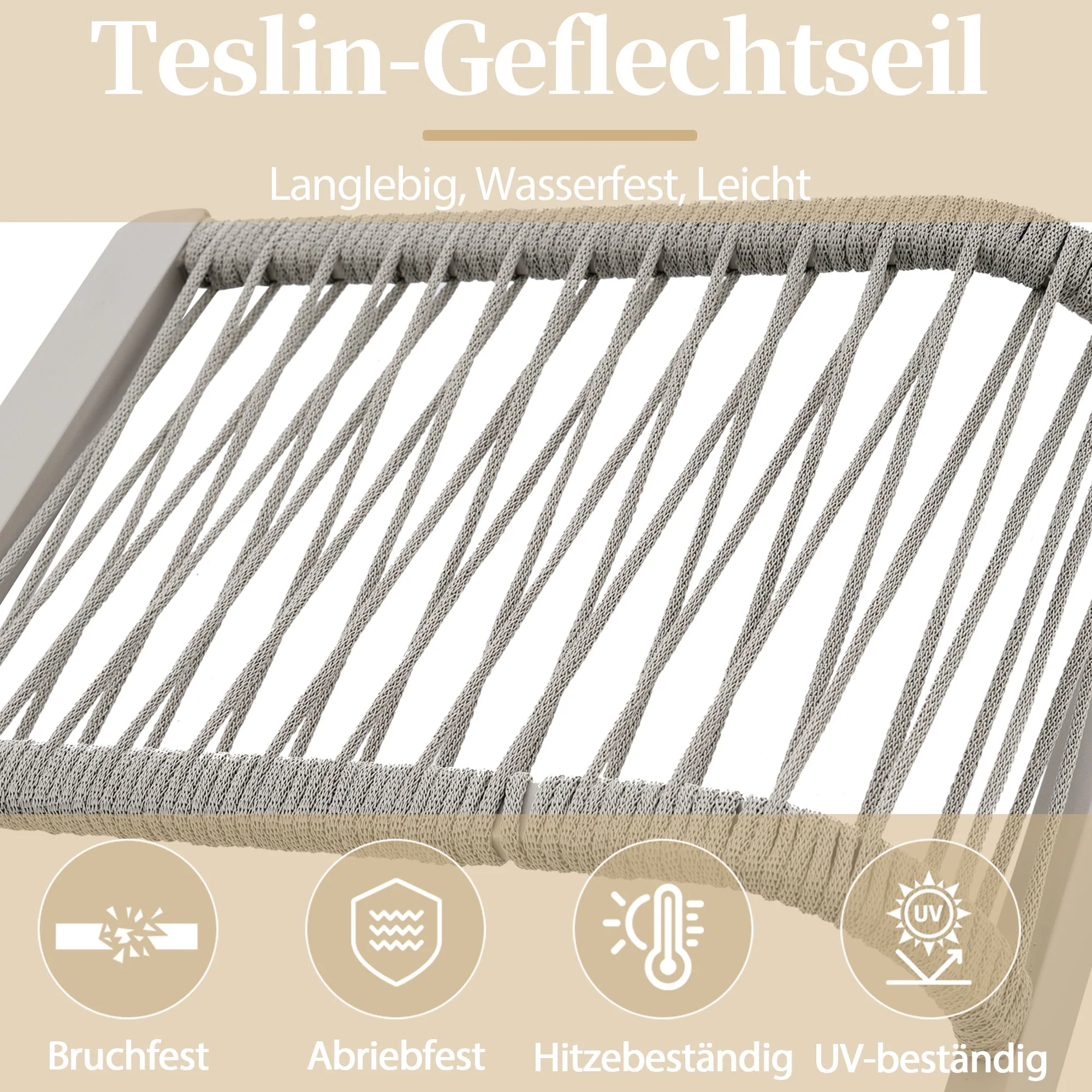 5-Piece Garden Furniture Set with Glass Tabletop and Teslin Rope Weave, Khaki - Image 6