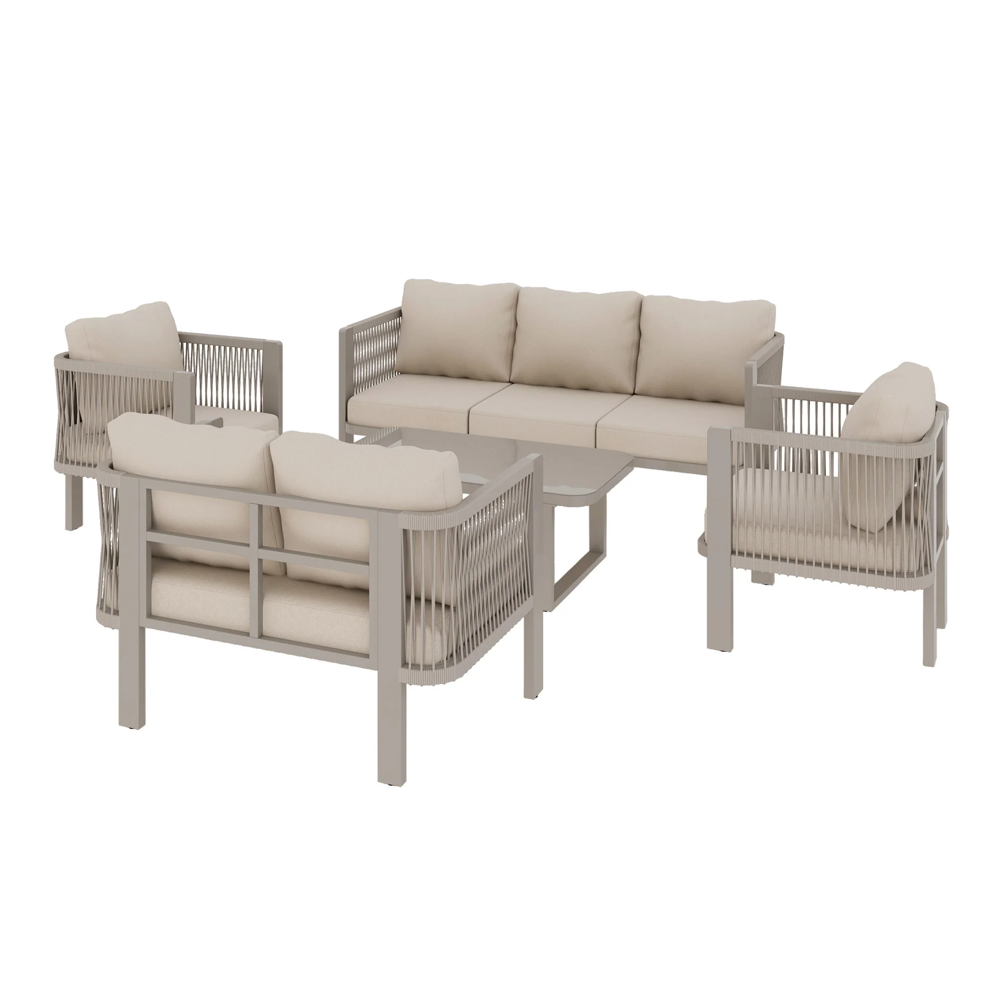 5-Piece Garden Furniture Set with Glass Tabletop and Teslin Rope Weave, Khaki - Image 9