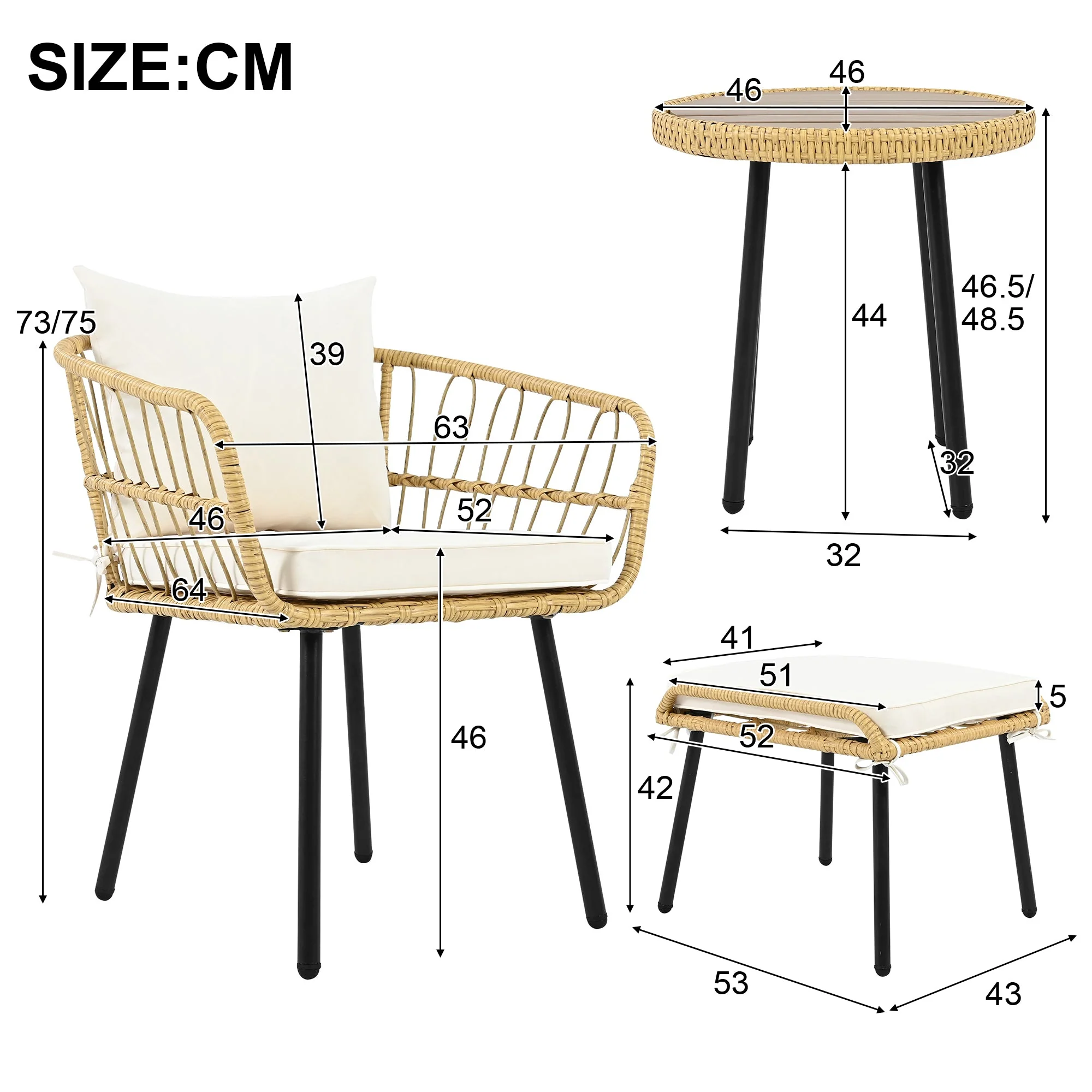5-Piece Garden Lounge Set 1 Table 2 Chairs 2 Stools - Rattan Natural - Image 4