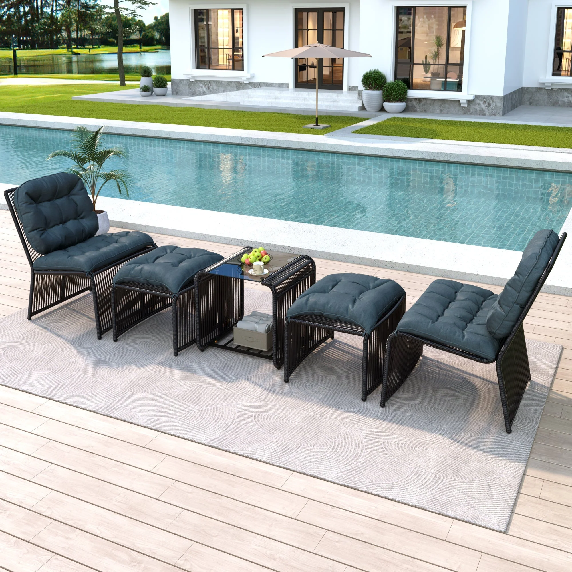 5-Piece Outdoor Garden Furniture Set with Table, 2 Chairs, 2 Stools and Glass Top, PE Rattan and Iron Frame - Image 2