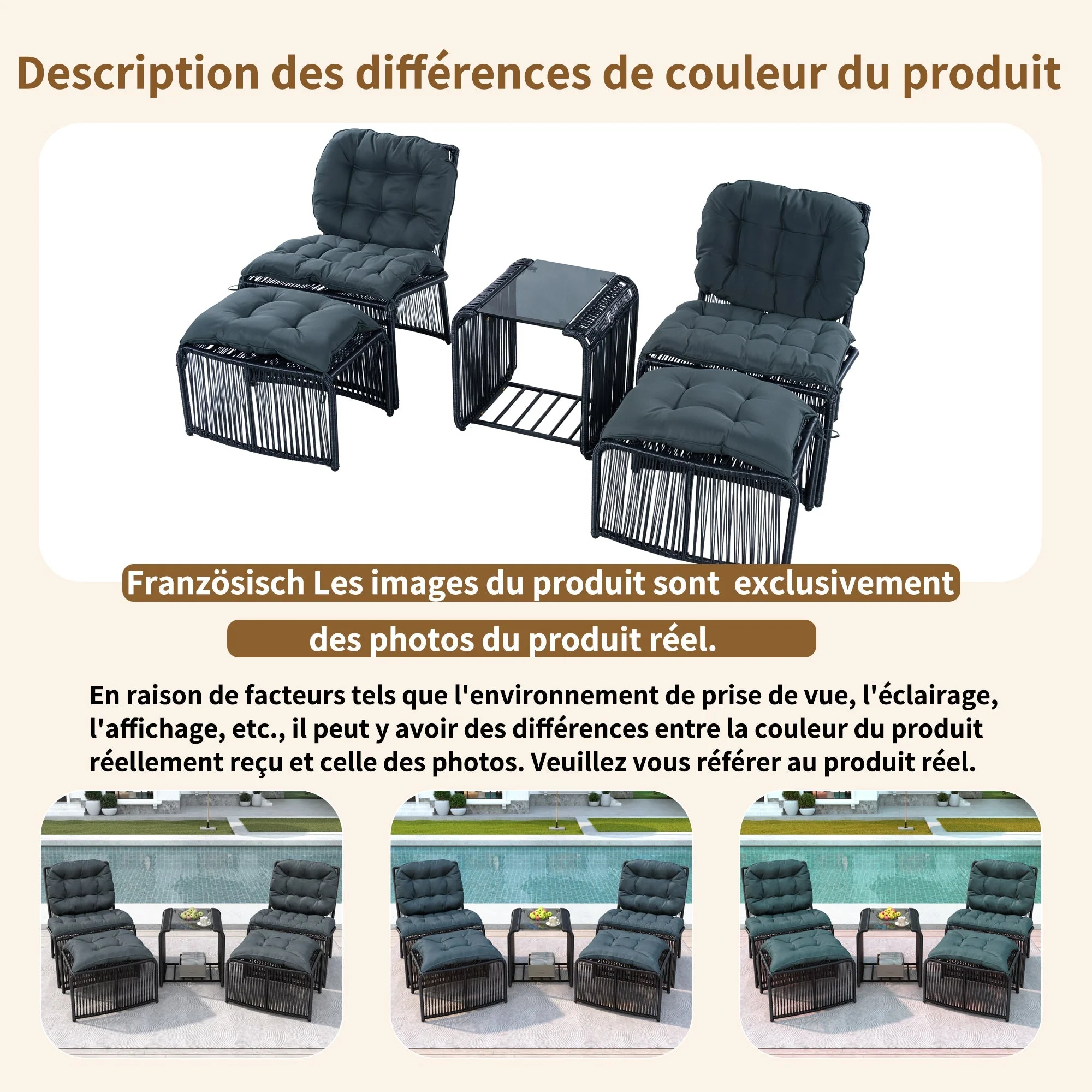 5-Piece Outdoor Garden Furniture Set with Table, 2 Chairs, 2 Stools and Glass Top, PE Rattan and Iron Frame - Image 6