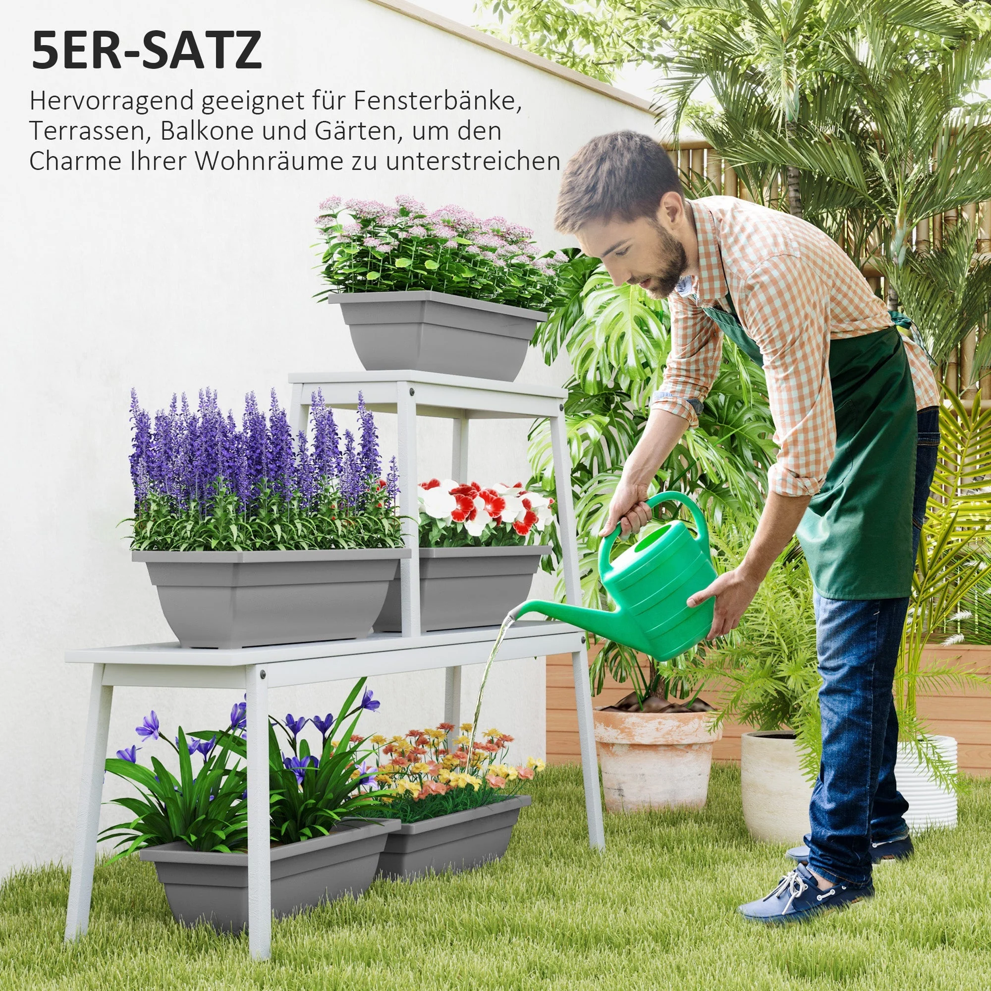 5 Plastic Flower Pots Stackable Weatherproof for Indoor Outdoor Use, Grey - Image 4