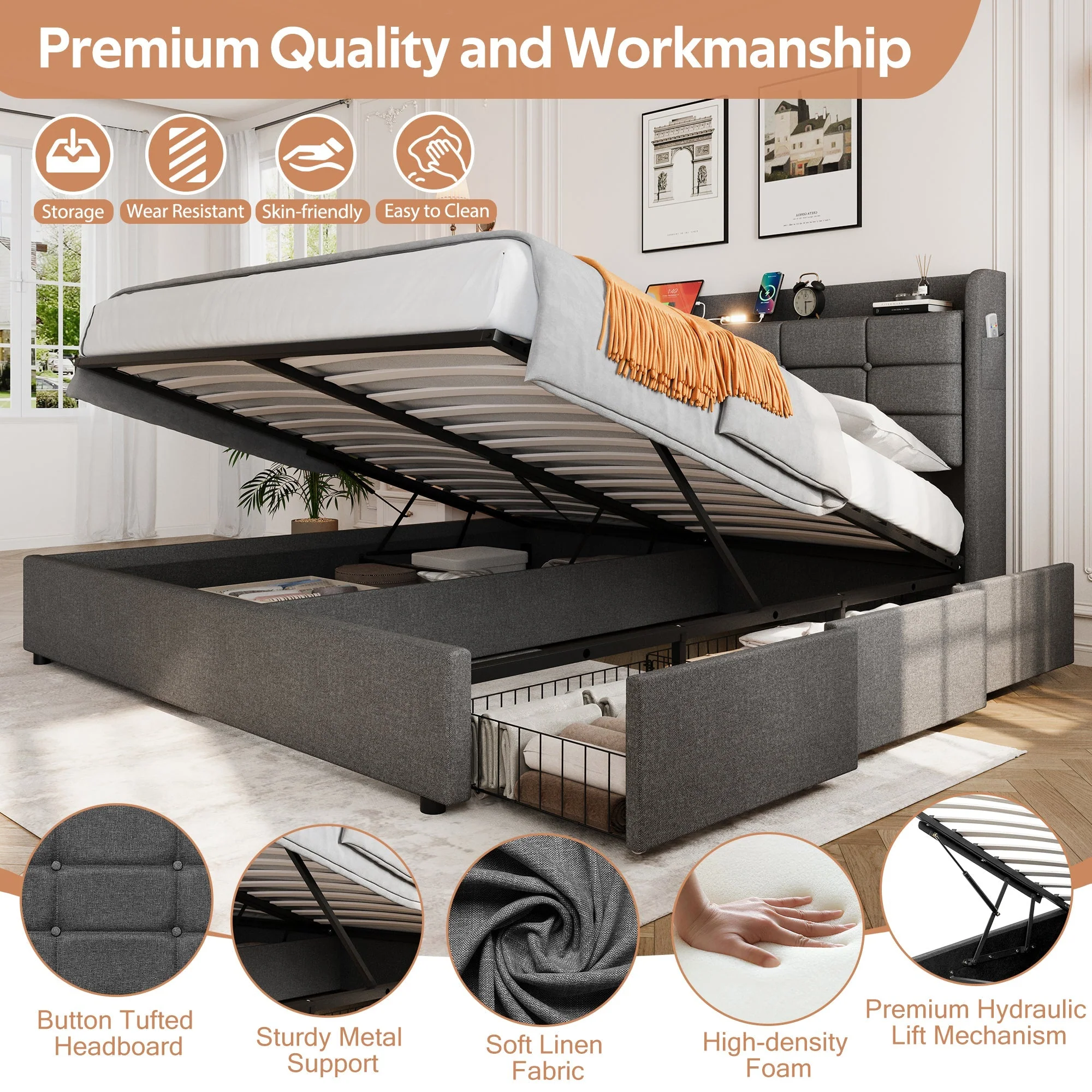 5ft King Bed Frame Hydraulic Storage, Charging Station, LED Night Light, Grey Linen - Image 8