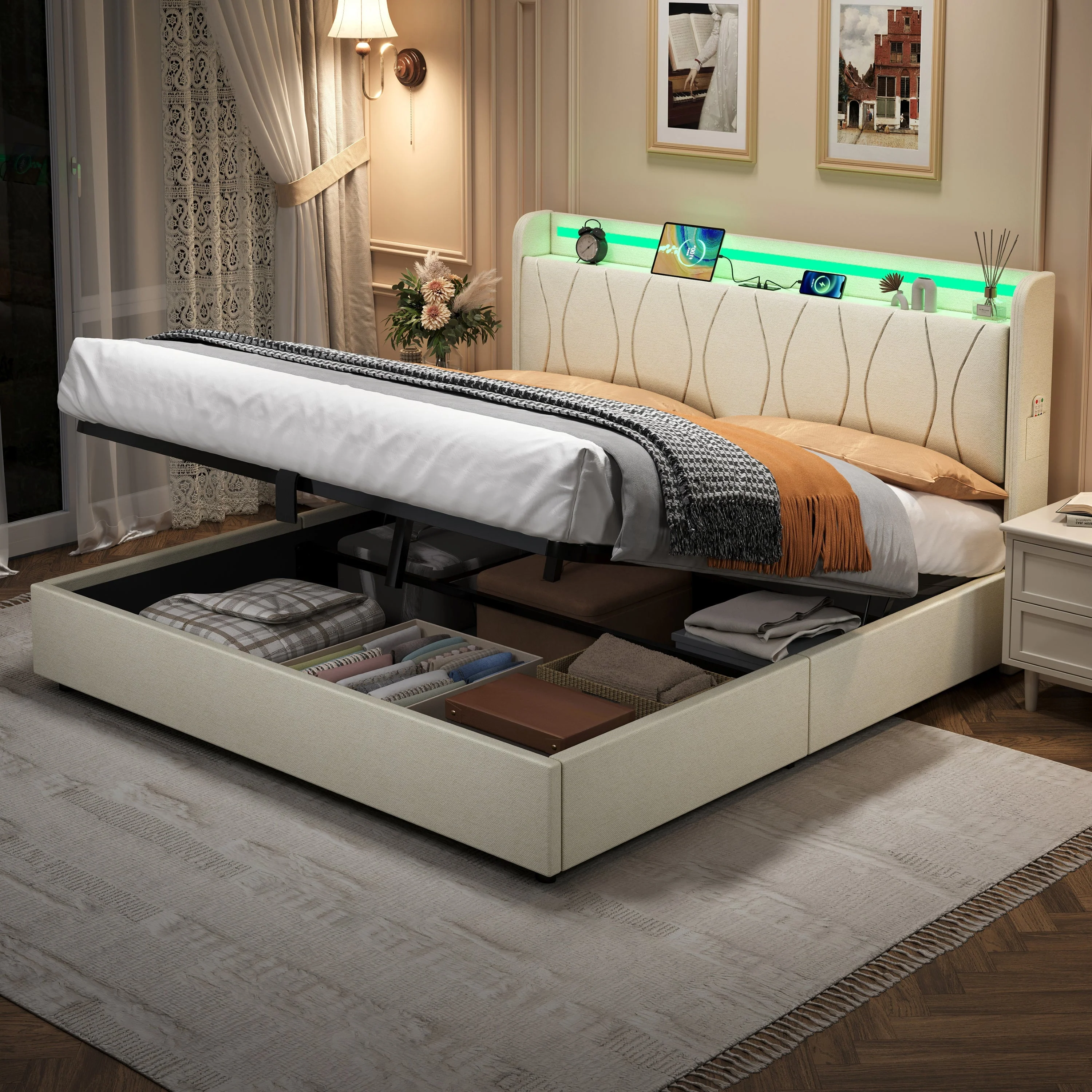 5ft King Upholstered Bed Frame, Hydraulic Storage LED Headboard with Charging Station, Beige Linen - Image 5