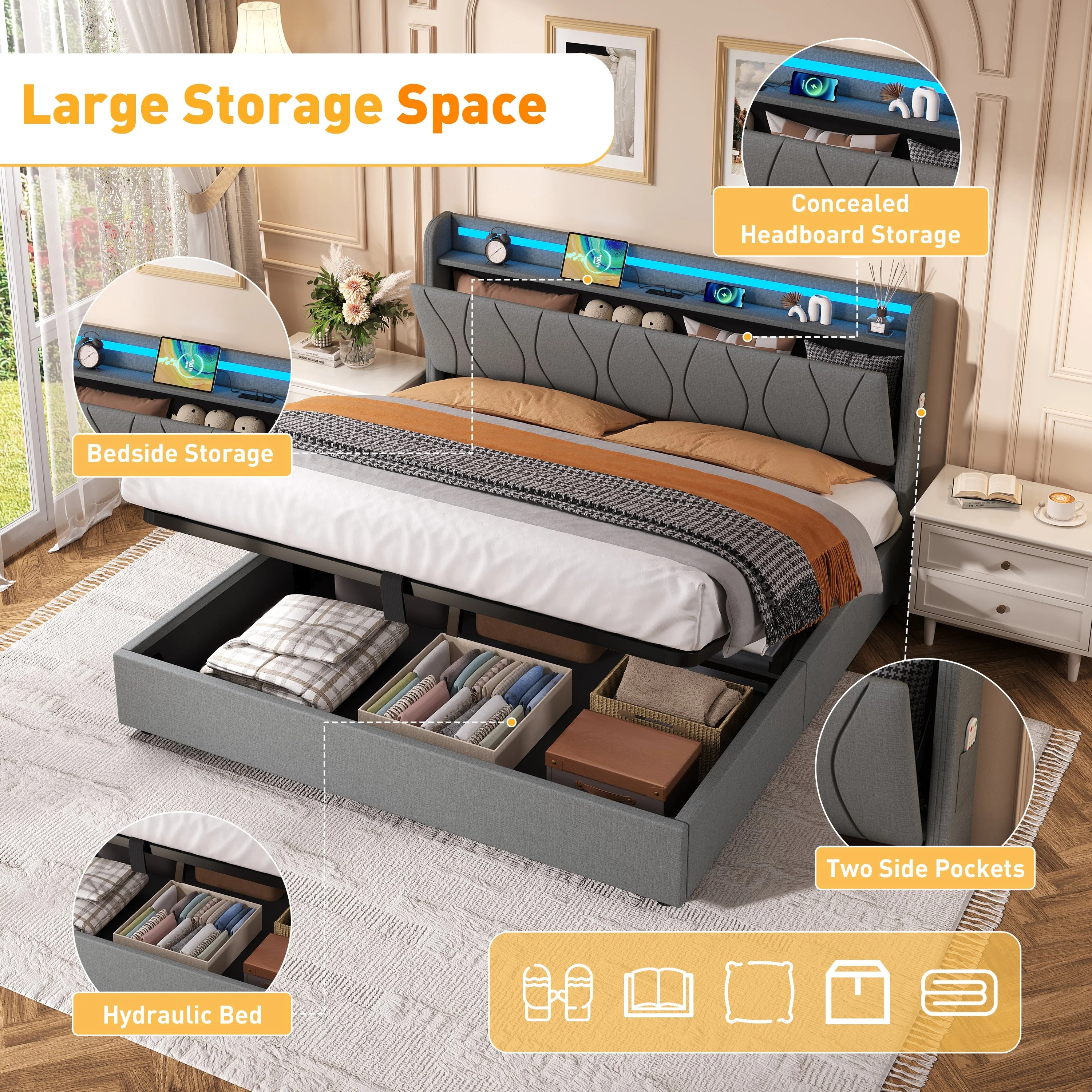 5ft King Upholstered Bed Frame, Hydraulic Storage LED Headboard with Charging Station, Linen Grey - Image 6