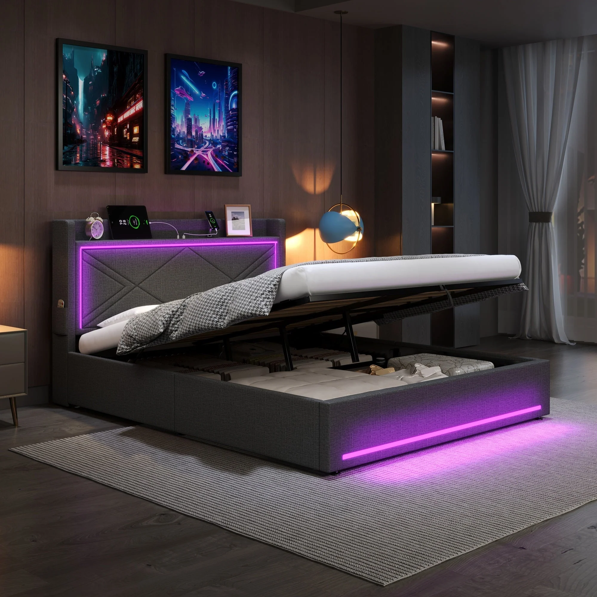 5ft King Upholstered Bed Frame with Hydraulic Storage, LED, and Charging Station, Linen Grey - Image 2