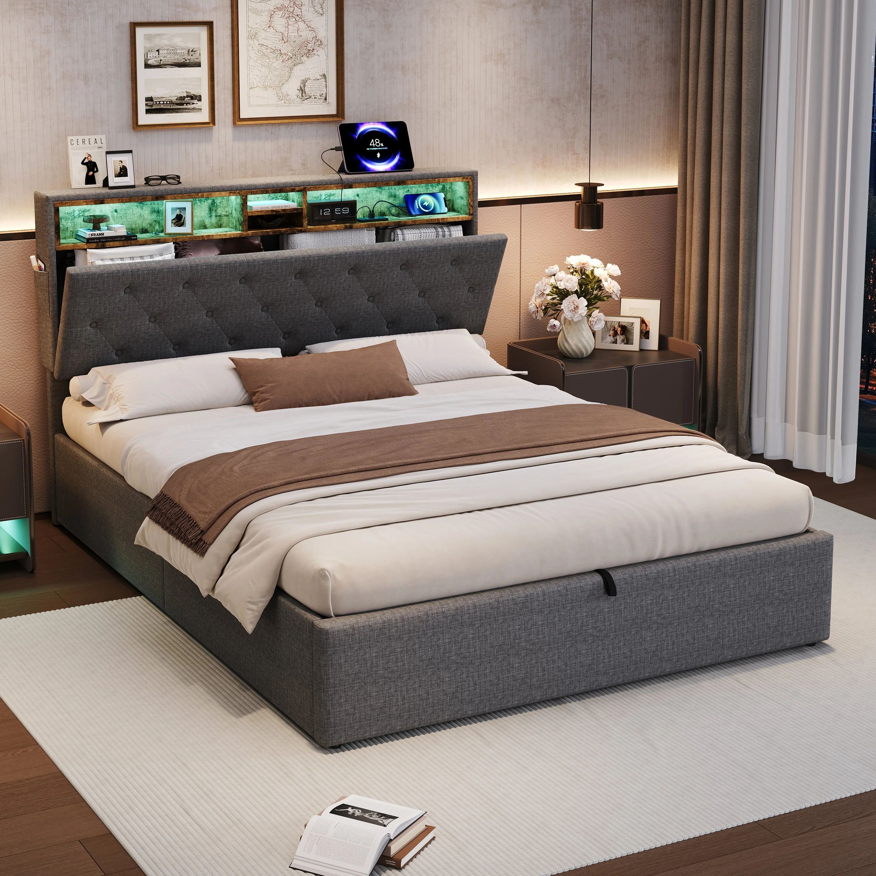 5ft King Upholstered Hydraulic Bed, Headboard Storage & LED Lighting, Linen Grey - Image 3