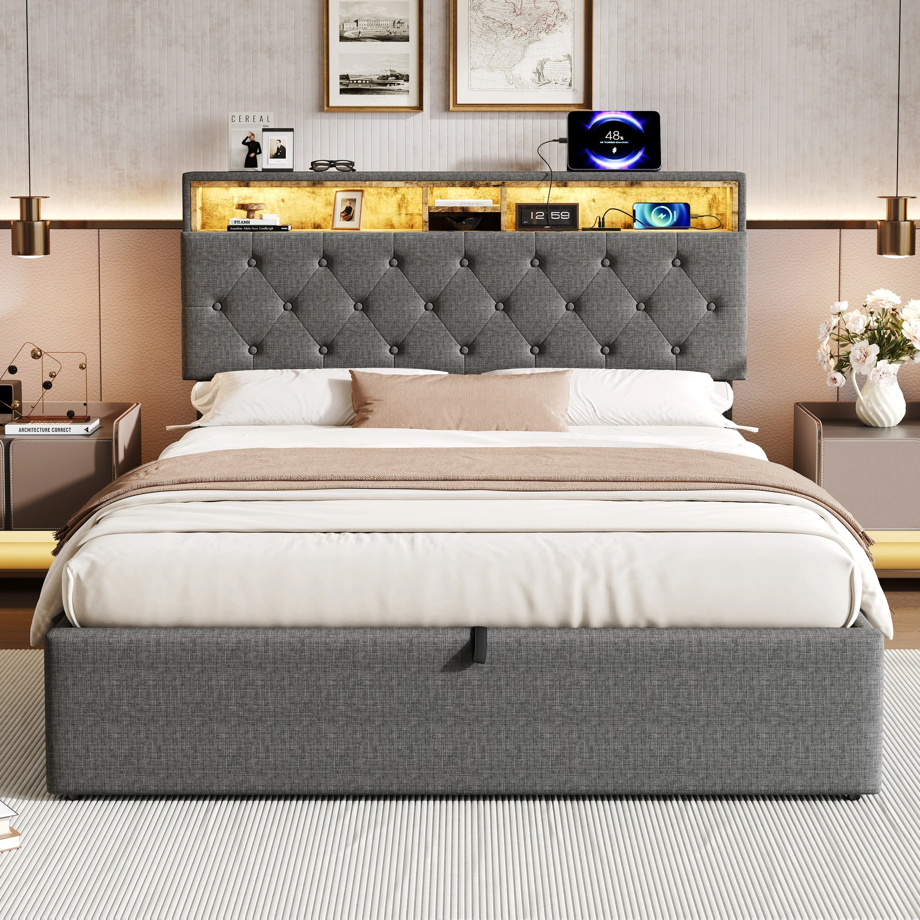 5ft King Upholstered Hydraulic Bed, Headboard Storage & LED Lighting, Linen Grey - Image 5