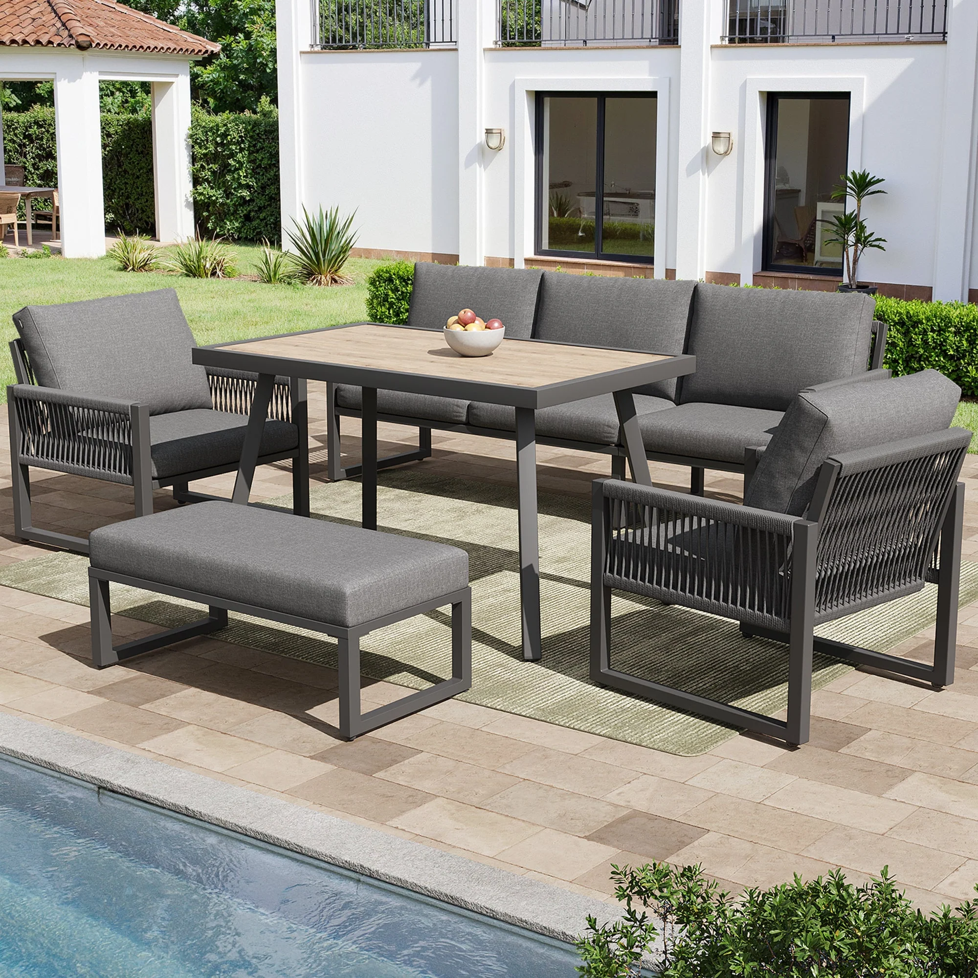 6-7 Seater Garden Lounge Set with Dining Table and Weatherproof Cushions, Gray - Image 3