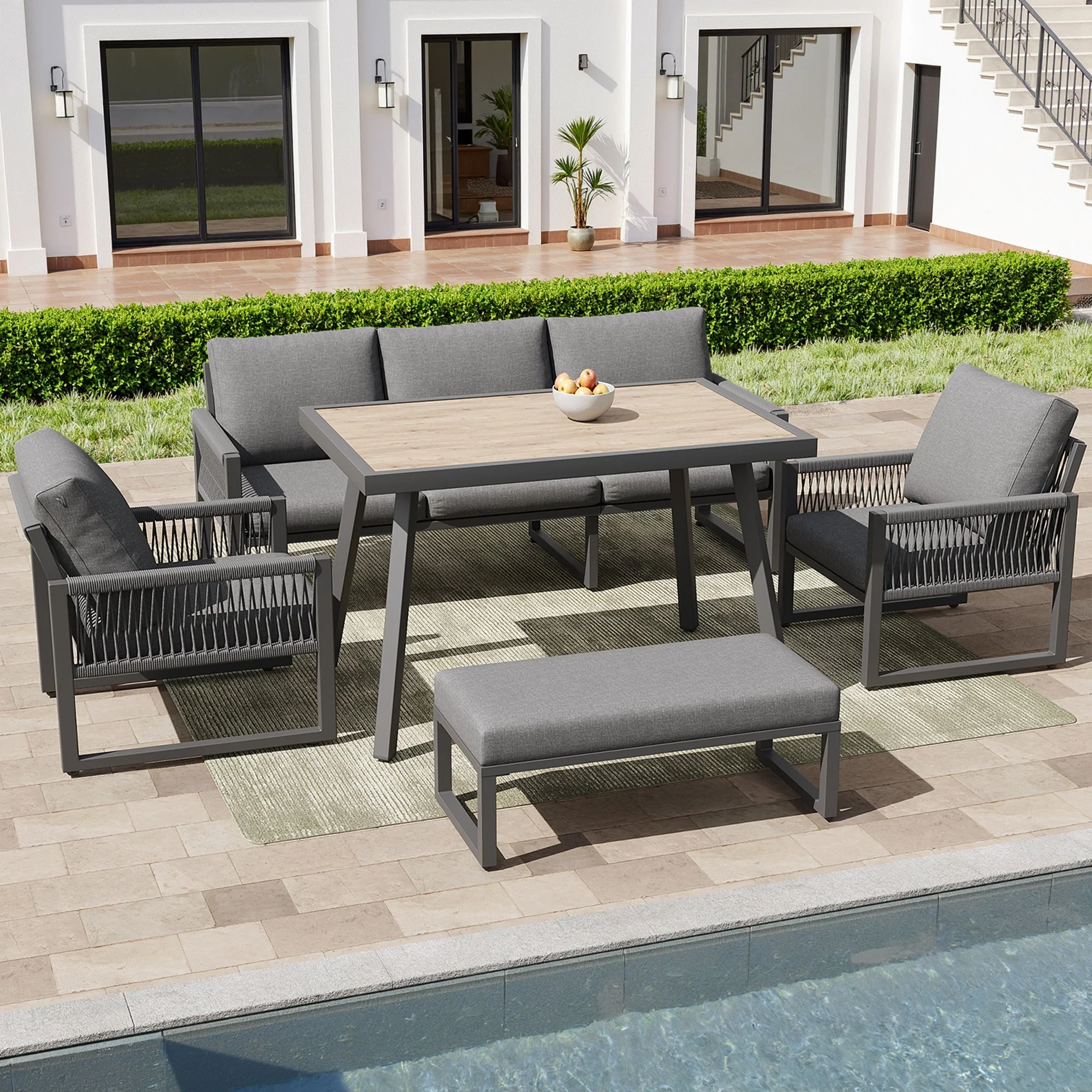 6-7 Seater Garden Lounge Set with Dining Table and Weatherproof Cushions, Gray - Image 4