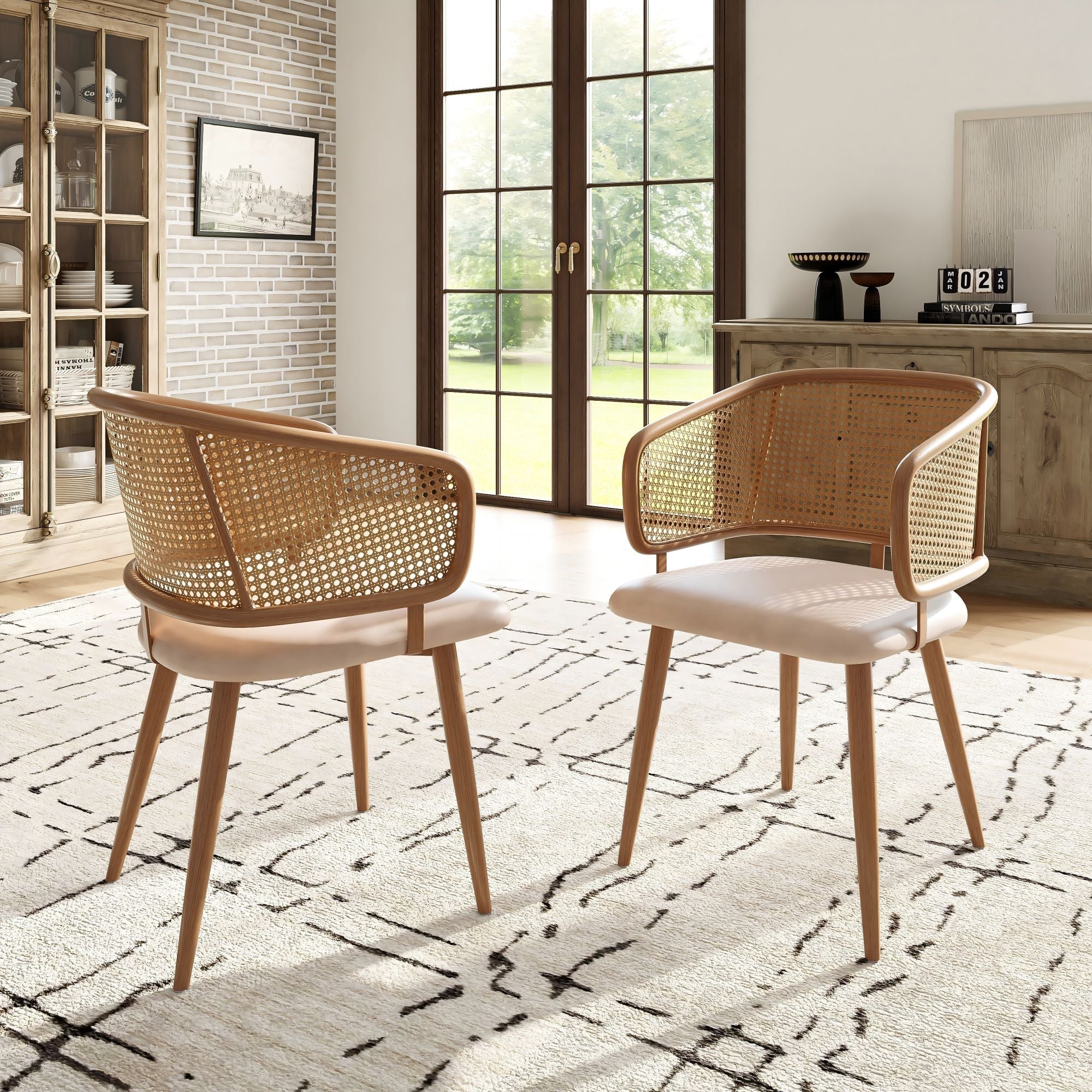 6 Dining Chairs, Modern Rattan Backrest PU Leather Seat, Rattan/PU Leather - Image 4