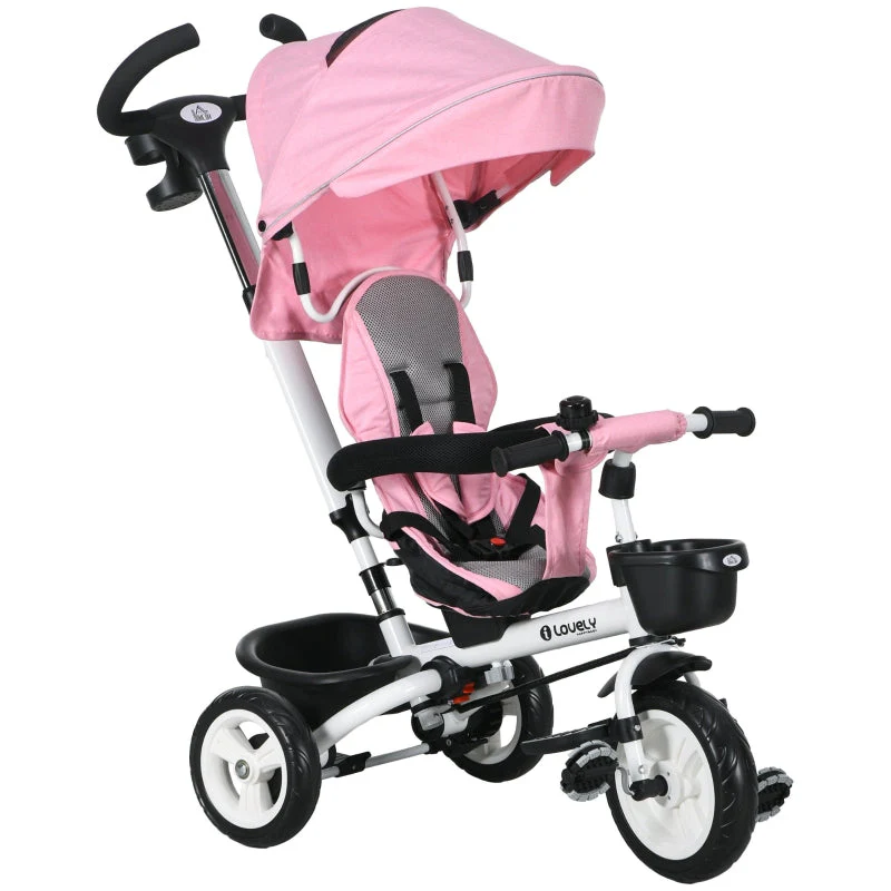 6-in-1 Children's Tricycle with Push Bar, Canopy and Storage Basket, Pink - Image 2