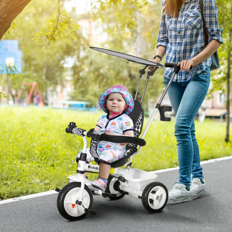 6-in-1 children's tricycle with push bar, roof, belt, storage basket, white