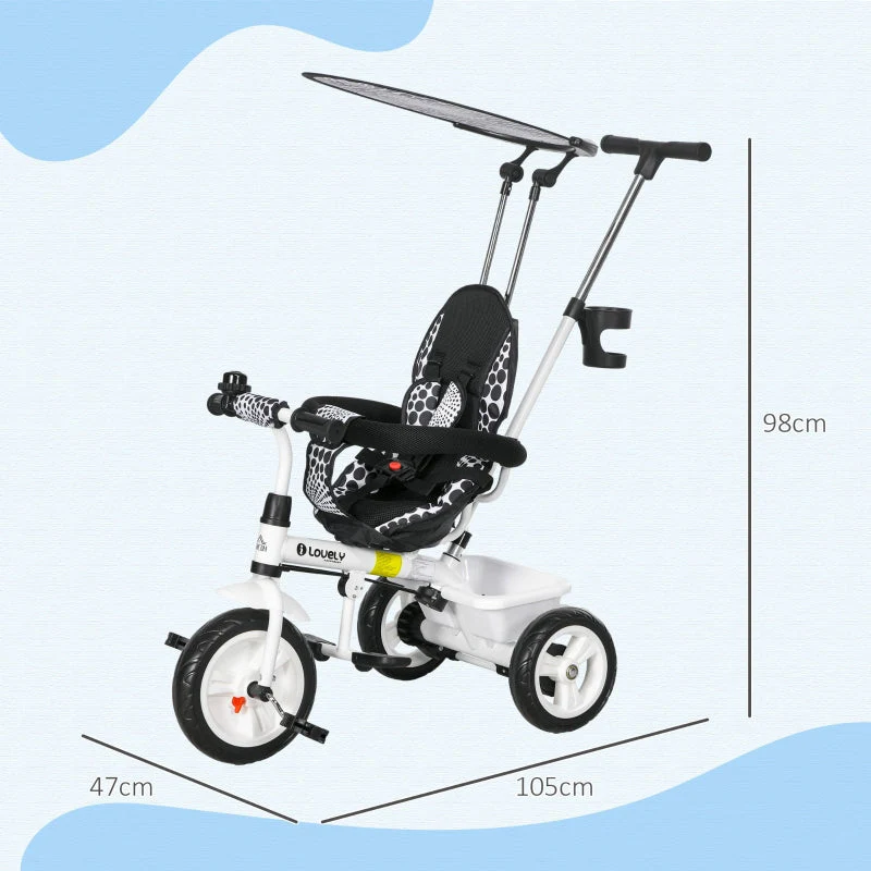 6-in-1 children's tricycle with push bar, roof, belt, storage basket, white - Image 3